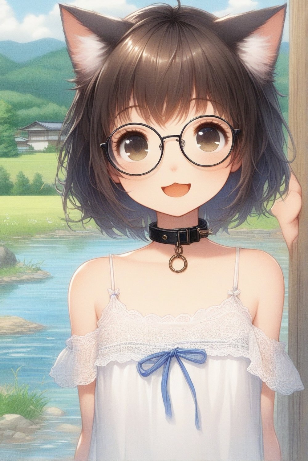 beautiful details, uniform 8K wallpaper, high resolution, exquisite texture in every detail,  beautiful illustration,manga touch

1girl, ((high school-age girl)), shyness,
look at viewer, upper body,
summer, japanese countryside, in lakeside,
white Summer-like camisole dress , blue line ribbon, lots of lace,

((nekomimi)),Cat ears the same color as her hair,
short hair, open mouth, (glasses), round eyes, cat collar, smile,

nekomimimeganekao