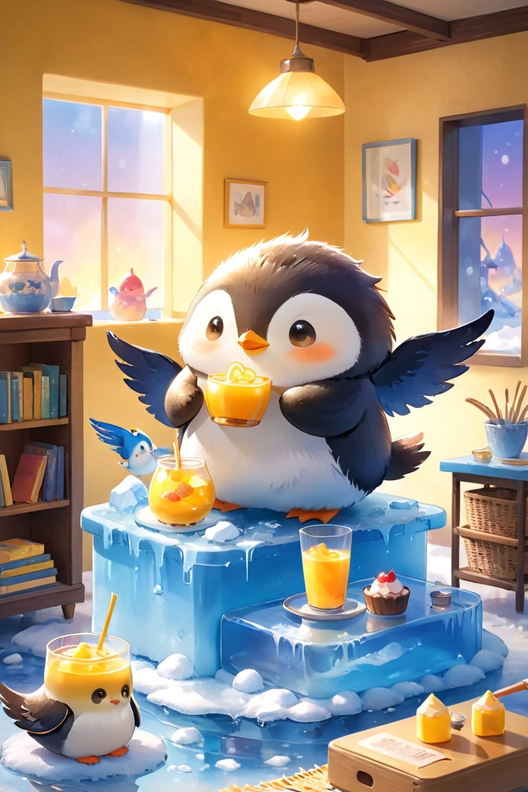 masterpiece, bestquality, illustration, watercolor,



animals , (fluffy:1.5),
2 fluffy penguin, talking, in the ice room, ice table,
sit on ice chairs, stand by the table,

Warm color lighting in the room,

yellow table cloth, juice, straw, sweets on a plate, pot, tea cup,

Books, bookshelf, lamp, basket, small shelf, stuffed fish,

bird wings, No arms, use wings like arms,
cartoon, cute, fancy, putite, 

focus animal,
Xxmix_Catecat,Anime,hentai,More Reasonable Details