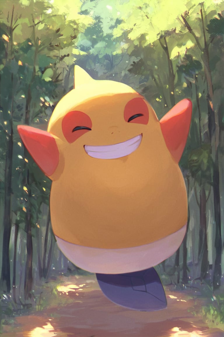 master piece, uniform 8k, ultra-detailed, score_9, score_8, best quality, 

(((onsokumaru))),  solo, all yellow colored body, one head, round body, smile, , closed eyes, grin, pokemon \(creature\), no humans, 

in the forest,
tree, nature, forest, day, 
