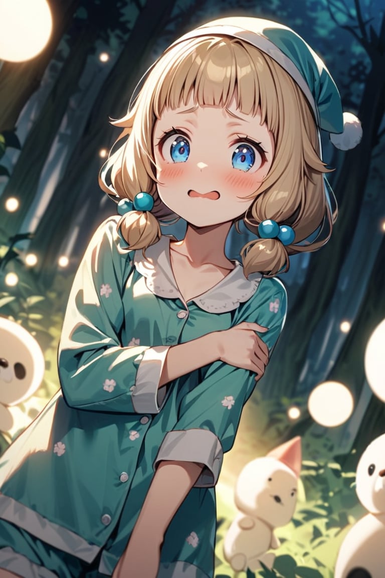 best quality,
sakura nene, 1girl, looking at viewer, blush, smile, short hair, , bangs, blue eyes, blonde hair, brown hair, shirt, hair ornament, twintails, , collarbone,  blunt bangs,  hair bobbles , 

anxiety face, wavey mouth, close mouth, sad,

in the forest, Pajamas, nightcap, holding the arm of a stuffed animal, hugging a pillow, scared, dark forest, some balls of light floating

waking, looking at another,

underlighting,

shot angle is slightly tilted, shot from below, cowboy shot,
