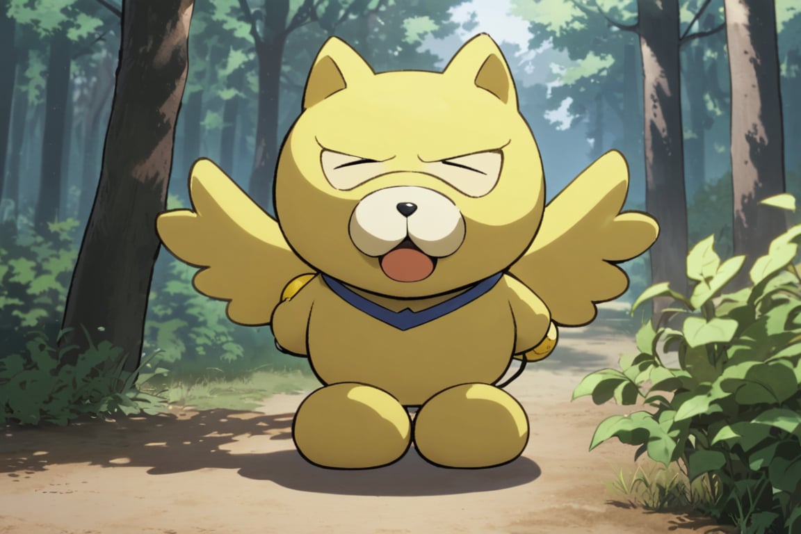 (((onsokumaru))), all yellow ball on wings and face, one head,  in the forest, no body, mascot character,