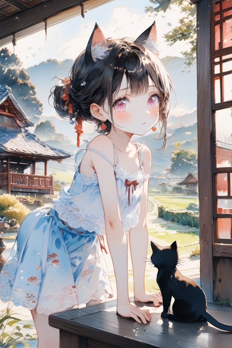 Masterpiece, beautiful details, perfect focus, uniform 8K wallpaper, high resolution, exquisite texture in every detail, one girl, solo, long hair,  blush, bangs, , black hair, bow, jewelry , updo, cowboy shot, ,  earrings, pink eyes, clear eyes, leaning forward,\,,Chibi,watercolor \(medium\),scenery

,((black cat ear))
,3cats
,sit down ,

, hip shift , Summer-like camisole dress with lots of lace ,the porch of a house in the Japanese countryside,scenery ,play with cats

,cowboy shot