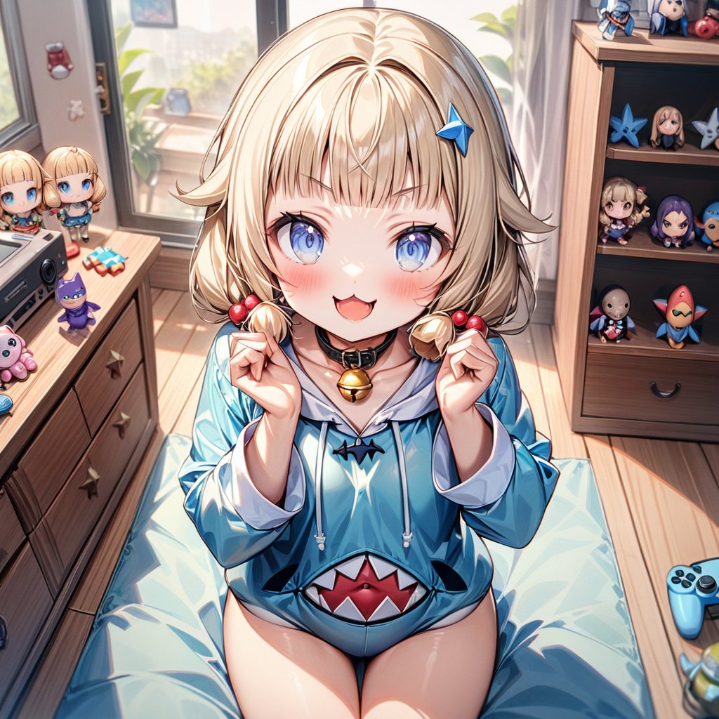 (masterpiece), perfect hands,
sakura nene, 1girl, solo, blush, smile, short hair, (bangs), blue eyes, blonde hair, shirt, hair ornament, low twintails, collarbone, :d, blunt bangs, hair bobbles ,

cat collar, bell, jingle bell, neck bell, drawers,

girl in a cute shark costume,
cute Shark hoodie, put on own head,
holding game pad in both hands,

smile, :3, V-shraped eyebrows,

in the play room, display low shelve, fancy items, home game consoles, game pads, puzzle toys, toys, fancy toys, stuffed toys, anime character figures, cushions, Wooden floors, light blue carpet, large windows, posters,

sit on the floor, cowboy shot,

looking at viewer, shot from front and above,
score_9,sakura nene,score_8_up,Details,mona,Detailed Masterpiece,