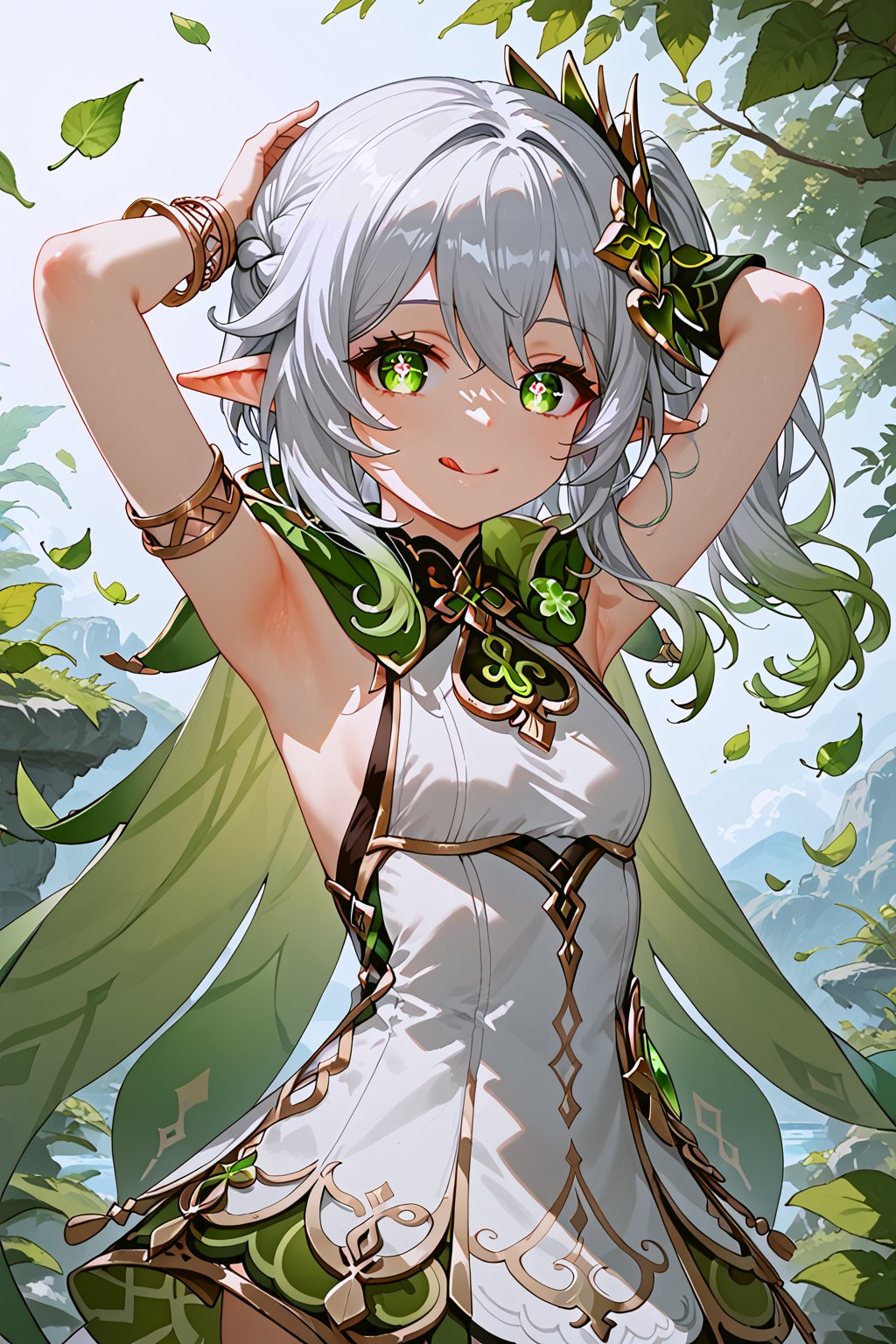 1girl, nahida_(genshin_impact), solo, one_eye_closed, green_eyes, dress, symbol-shaped_pupils, bracelet, jewelry, hair_ornament, tongue, side_ponytail, tongue_out, multicolored_hair, white_dress, pointy_ears, long_hair, cross-shaped_pupils, looking_at_viewer, gradient_hair, bangs, white_hair, leaf_hair_ornament, green_cape, green_hair, detached_sleeves, sleeveless_dress, sleeveless, smile, cape, female_child, armpits, hair_between_eyes, grey_hair