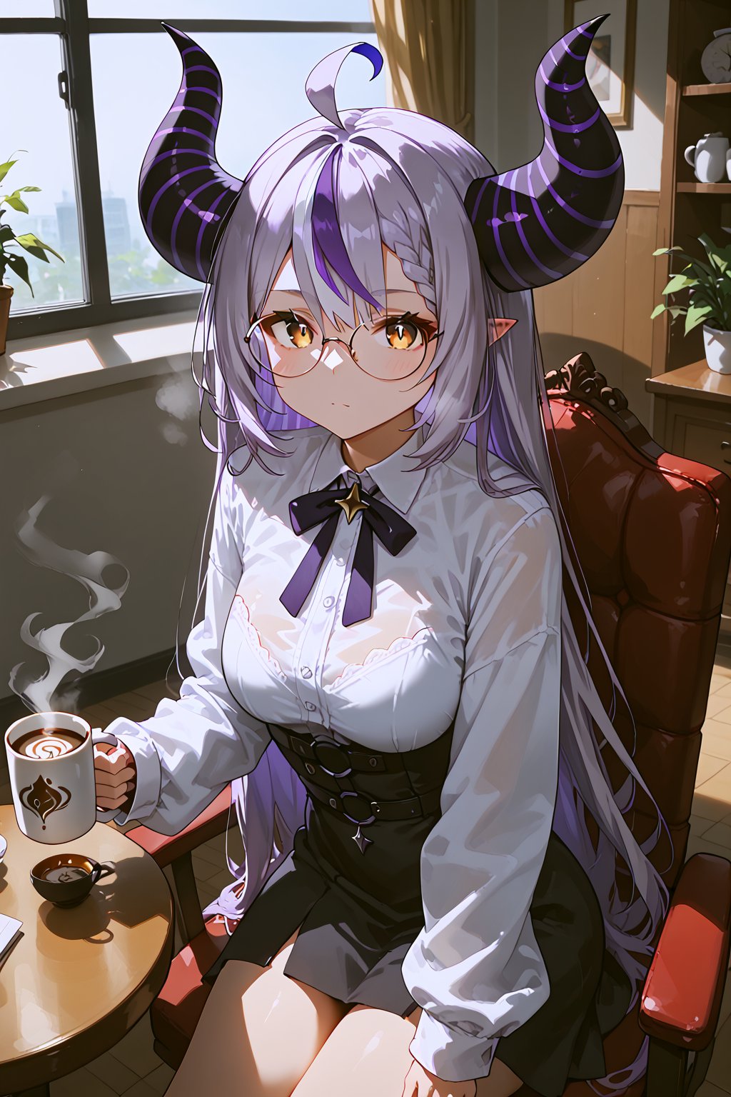 1girl, virtual_youtuber, solo, la+_darknesss, horns, long_hair, cup, streaked_hair, multicolored_hair, purple_hair, blush, glasses, holding_cup, mug, yellow_eyes, ahoge, holding, steam, very_long_hair, hair_between_eyes, looking_at_viewer, sitting, demon_horns, grey_hair, round_eyewear, bangs, long_sleeves, coffee_mug, closed_mouth, striped_horns, black_dress, shirt, white_hair, dress, chair, coffee, white_shirt