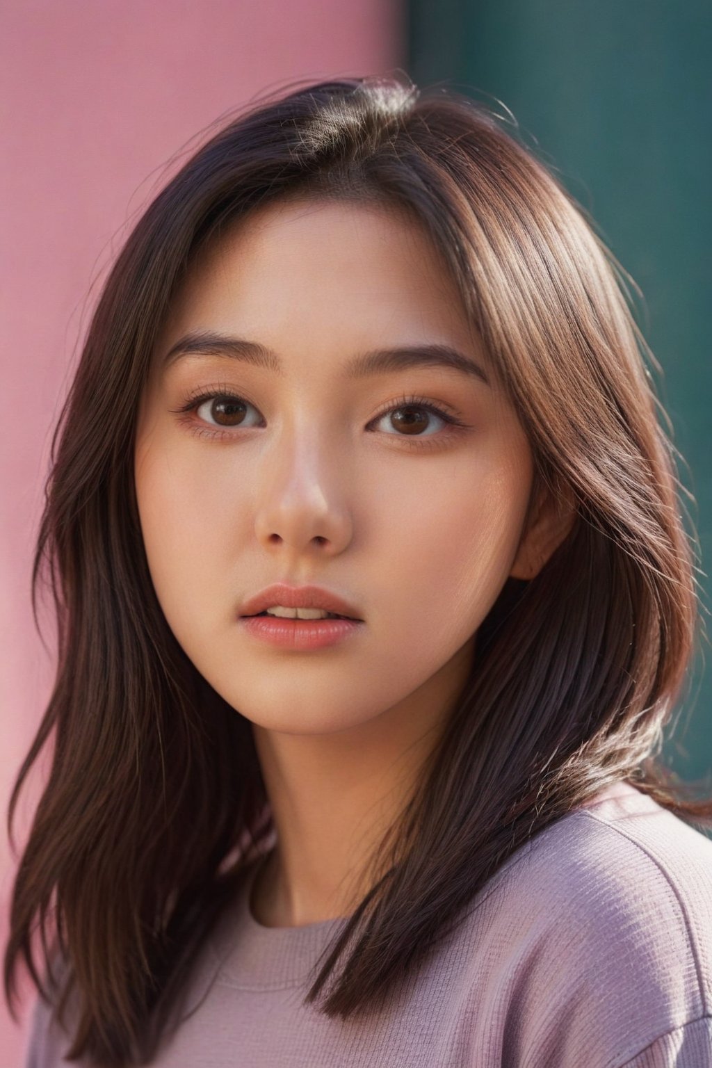 2016 Photo of a 16-year-old,a young Asian woman, Urban Outfitters model, with very long dark brown hair, hazel eyes, an alluring gaze, dynamic pose, pink background, mid-length shot, warm color tone, 35mm, shot on Kodak Ektar 100, realistic,perfect body, very sharp and detailed facial features, very detailed and glossy eyes, full glossy lips, detailed perfect face, very smooth natural skin, 16k, 32k, cinematic colour grading, perfect lighting, very detailed surroundings, soft focus, full body shot,ZeeJKT48,gh3a