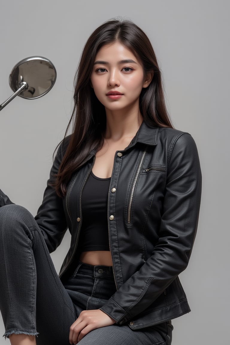 A indian girl sitting on the bullet bike .wearing a black jacket and black jeans with black shoes and background street and looking to the camera 