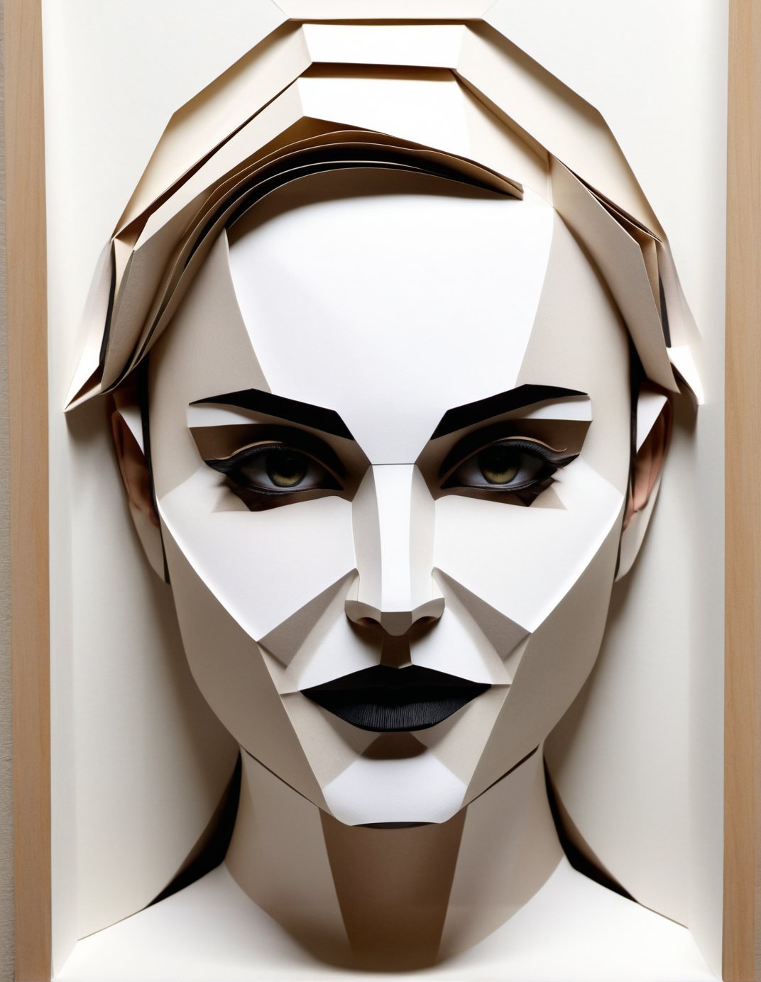 

punk, Natalie Portman (Kirigami:0.3) representation, 3D, paper folding, paper cutting, Japanese, intricate, symmetrical, precision, clean lines, flora borsi and albert gleizes, Folk Art Style, massurrealism,
