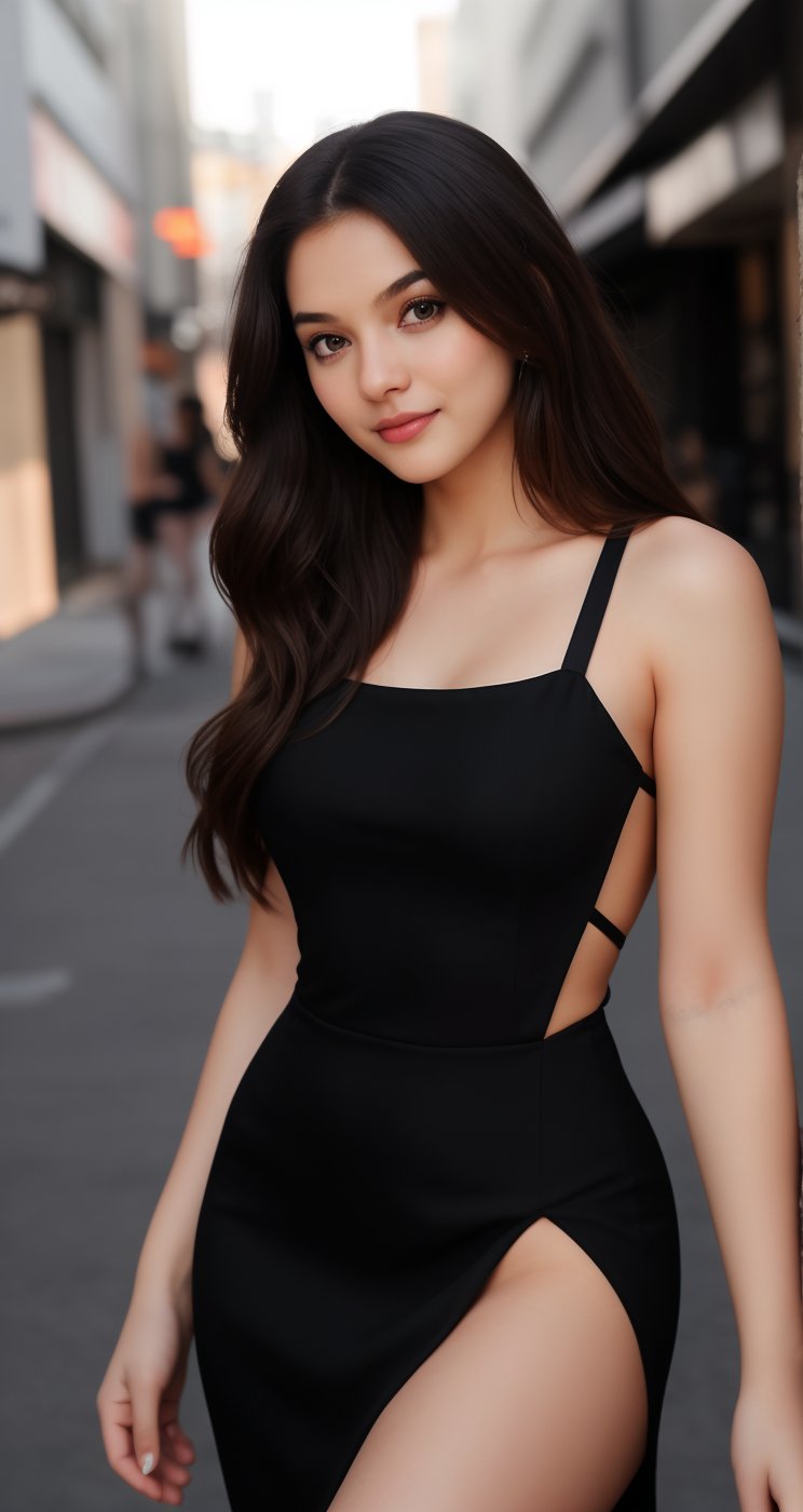 a  beautiful   girl WEAR black pretty dress AND   AI celebrity pose  LOOK and giving a  NEAR  CAMERA  different UNIQUE hot
   POSE and lighting street
  background  and an ai inlfuencer and a colorful LONG hair and pretty face and eyes pretty .8K CLEAR,HIGH RESOLUTION CANON CAMERA IMAGE 