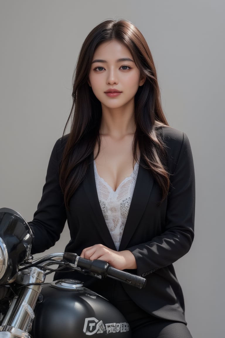 A indian girl sitting on the bullet bike .wearing a black jacket and black jeans with black shoes and background street and looking to the camera 