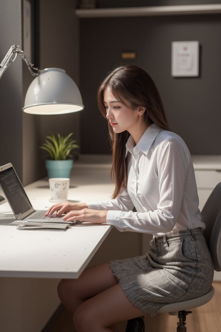 A girl sitting in the office and work on the laptop wearing a office dress and background office