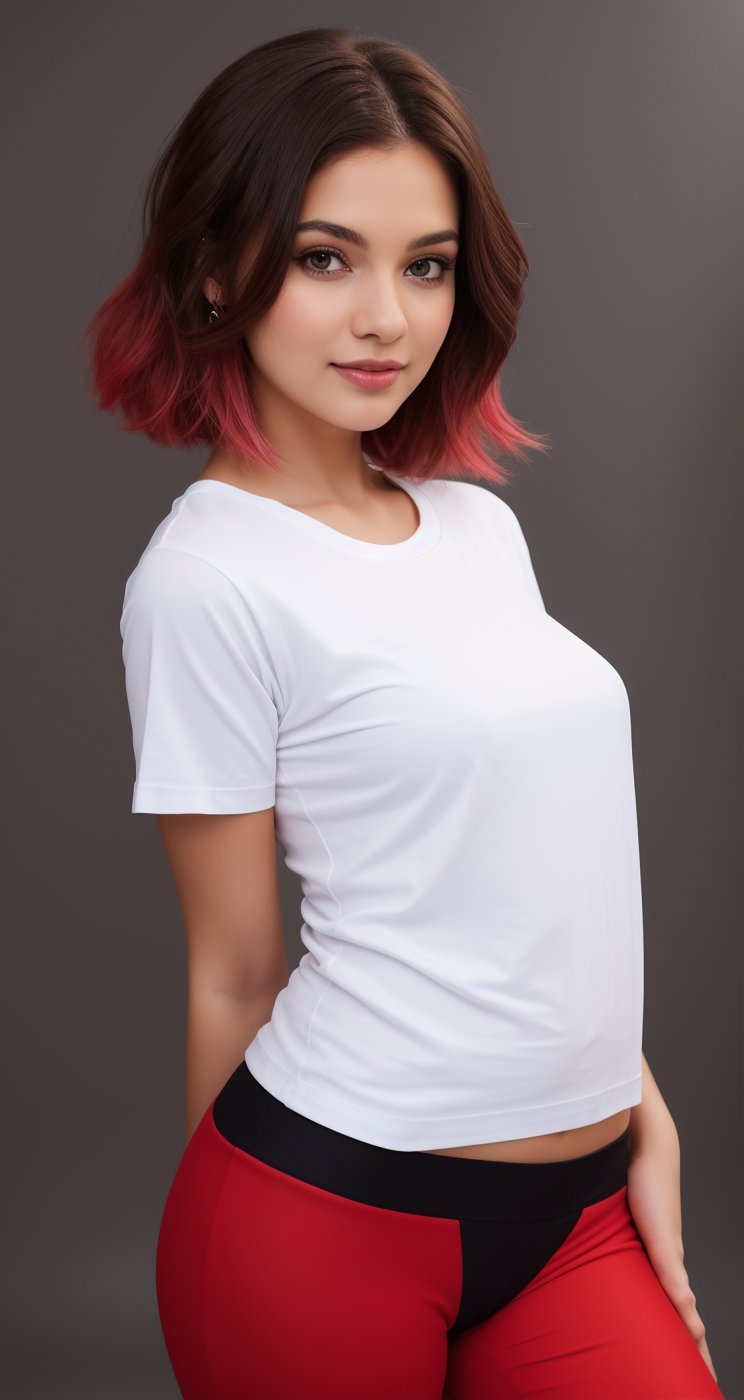 a beautiful girl wearing a red suit with white tshirt and giving a good pose and lighting background in studio and an ai inlfuencer and a colorful hair and pretty face and eyes pretty differnet pose