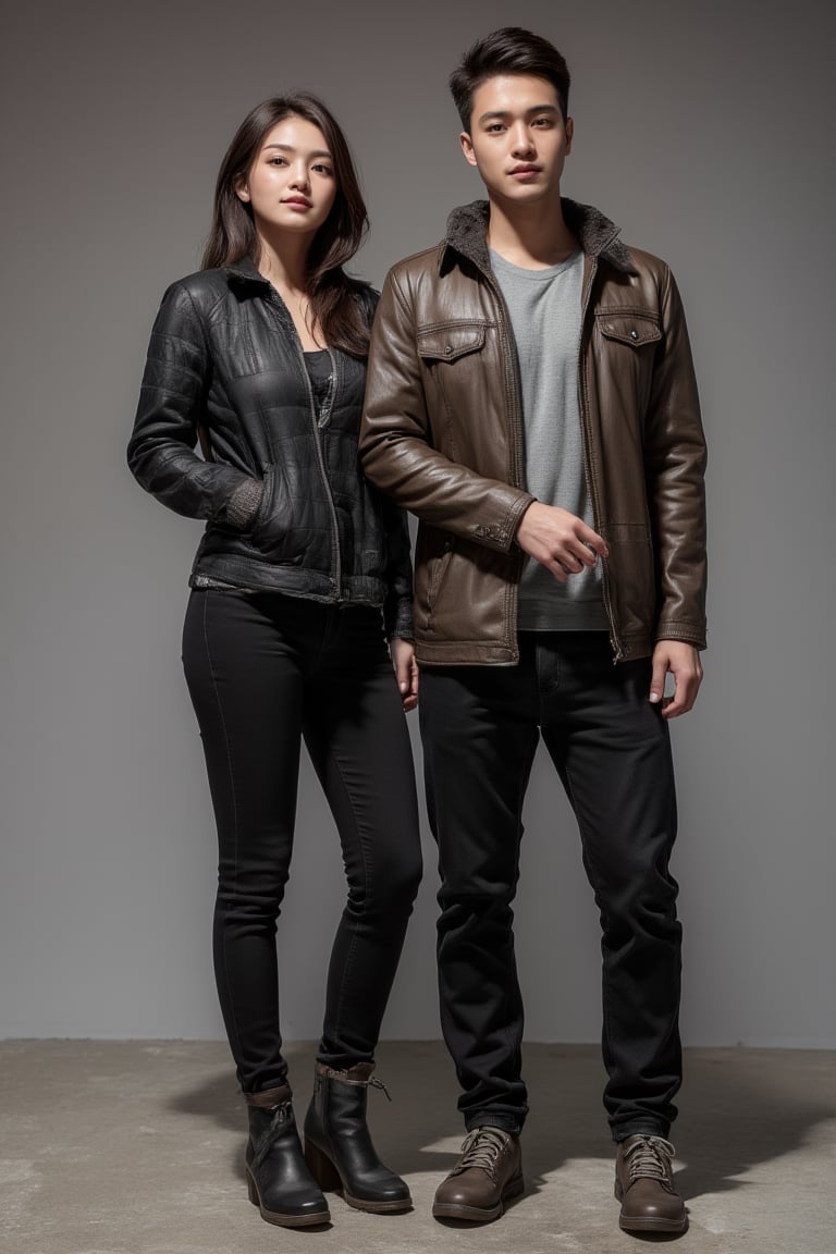 A couples wearing jacket and black jeans and leather shoes giving a pose to the camera and with the bullet bike