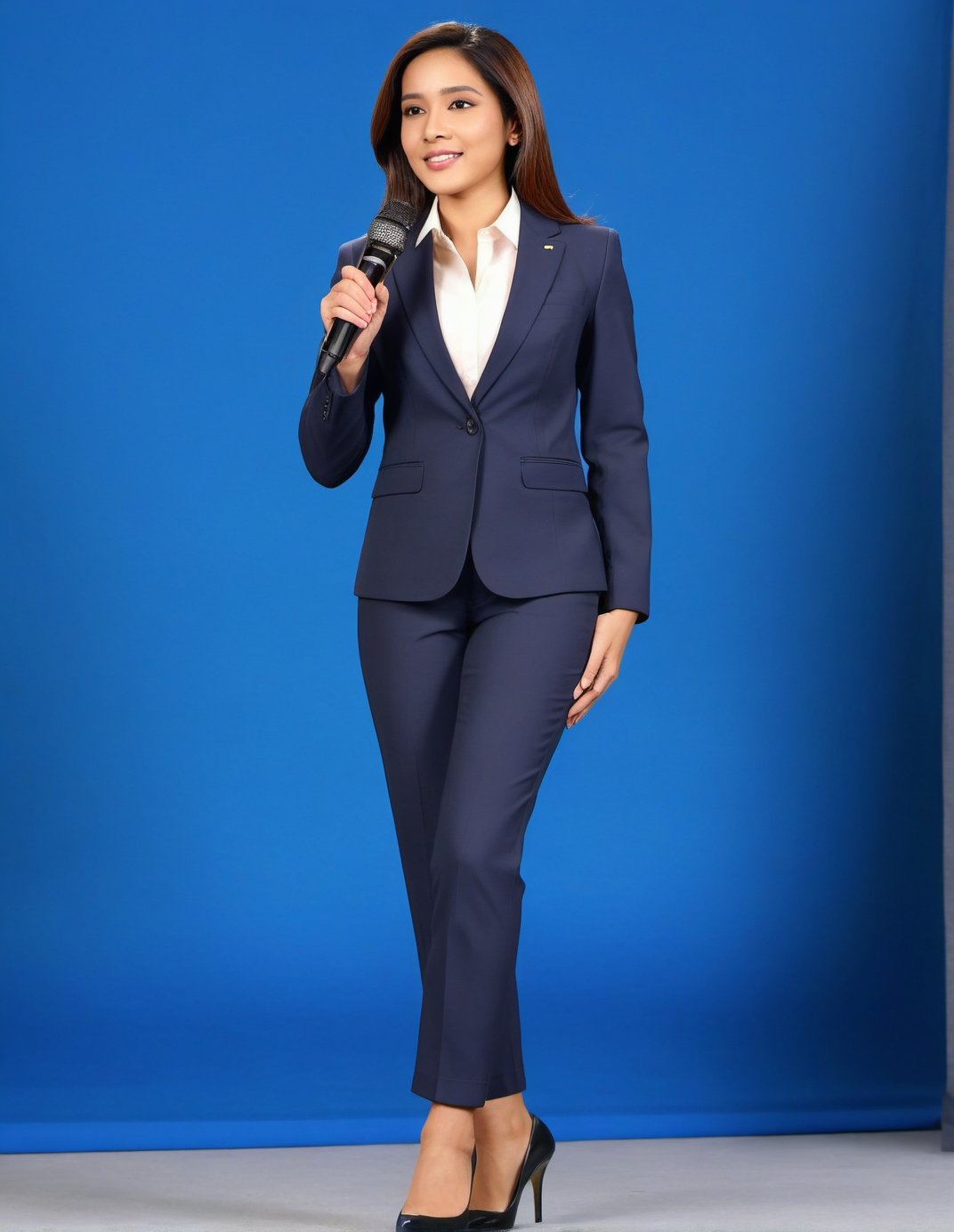 a girl like nora fatahi wear  office suit and having a mic in hand and do public speaking  and 
 short full on her full body and shoes in legs   nauty pose and hands should be in back hand, single body make him more realistic. zoom out on her face near camera and giving pose
elegent,four finger and 1 thumb in each hand and good hand and finger
