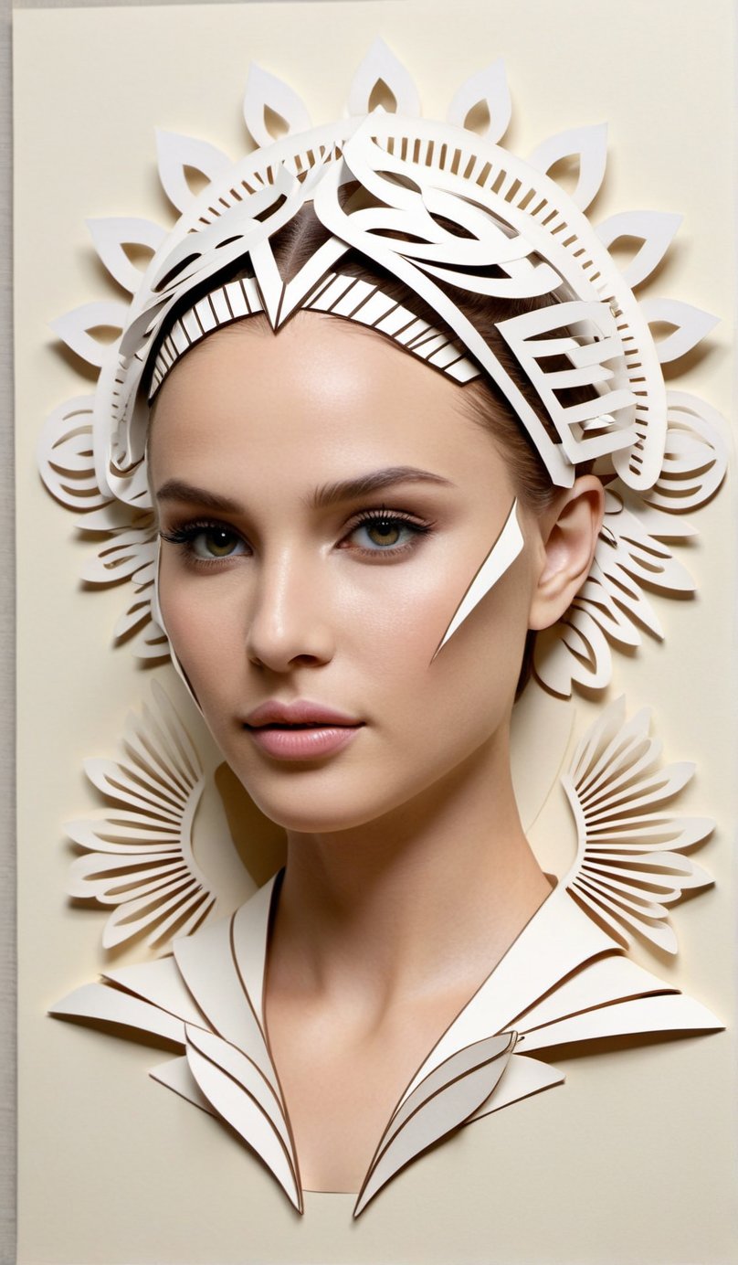 

punk, Natalie Portman (Kirigami:0.3) representation, 3D, paper folding, paper cutting, Japanese, intricate, symmetrical, precision, clean lines, flora borsi and albert gleizes, Folk Art Style, massurrealism, more angel
