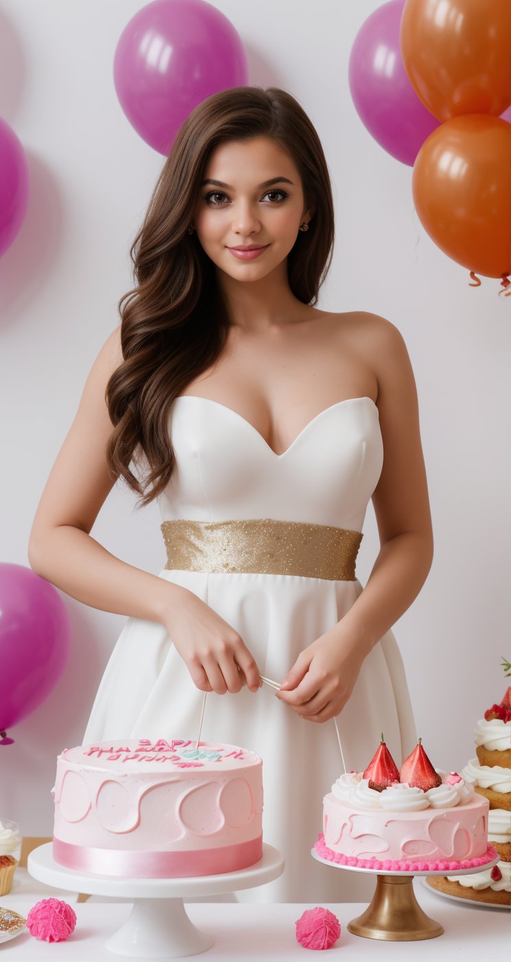 a  beautiful   girl WEAR a dress  cutting a cake and on cake write 10k likes AND   AI celebrity pose  LOOK and giving a  NEAR  CAMERA  different UNIQUE hot
   POSE and lighting balloons
  background  and an ai inlfuencer and a colorful LONG hair and pretty face and eyes pretty .8K CLEAR,HIGH RESOLUTION CANON CAMERA IMAGE 