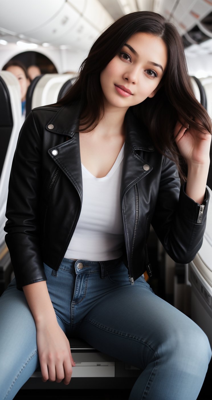 a  beautiful   girl WEAR  black leather jacket   and jeans AND   AI celebrity pose  LOOK and giving a  NEAR  CAMERA  different UNIQUE hot
 Sitting in aeroplane  POSE and lighting 
  background  and an ai inlfuencer and a colorful LONG hair and pretty face and eyes pretty .8K CLEAR,HIGH RESOLUTION CANON CAMERA IMAGE 