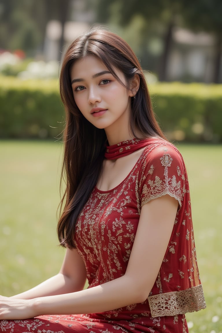 A indian girl sitting in the park and see to the flower .wearing a dress and background park and looking to the camera 