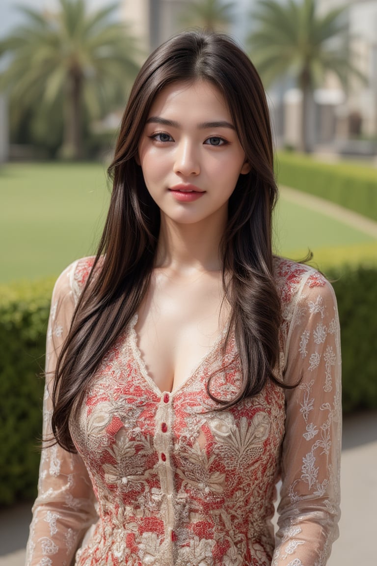 A indian girl sitting in the park and see to the flower .wearing a dress and background park and looking to the camera 