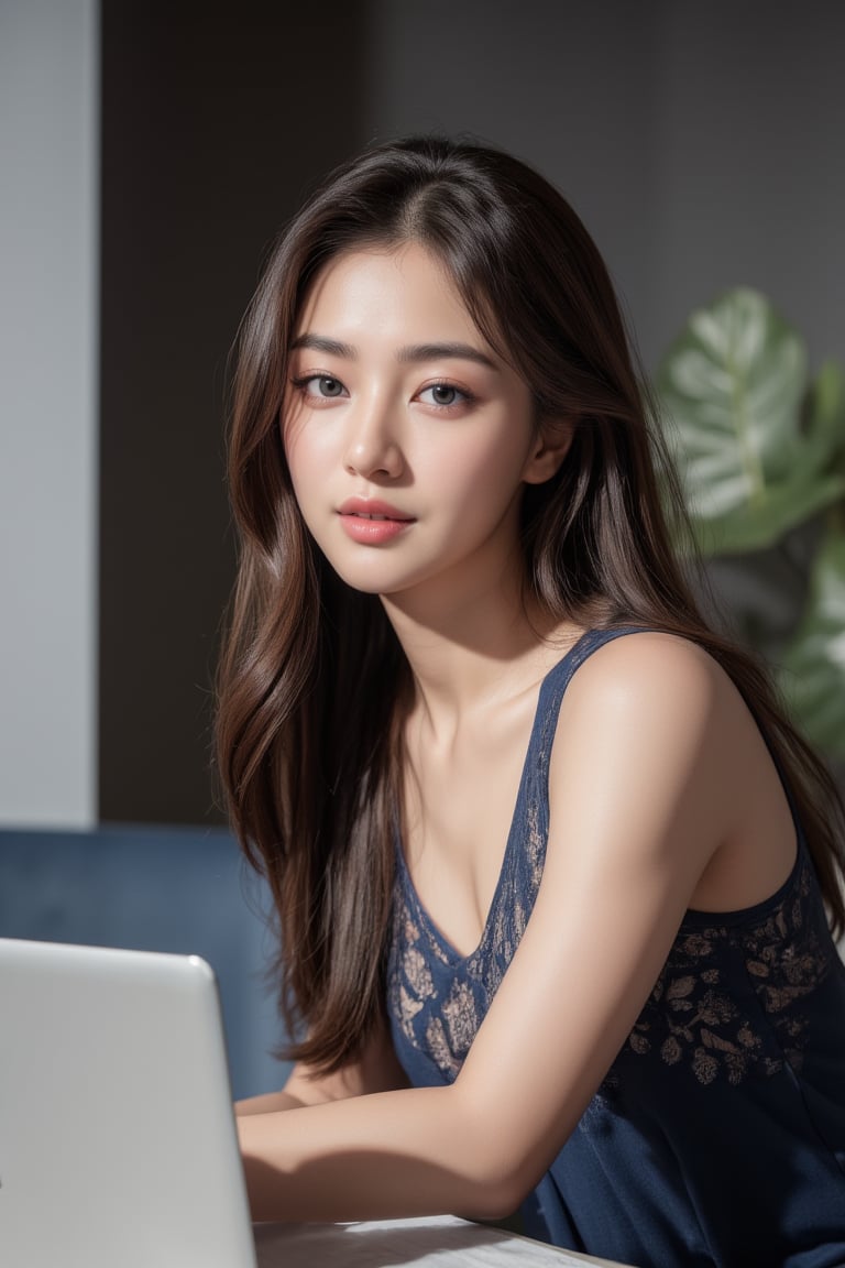 A indian girl sitting in the office and work on the laptop wearing a office dress and background office and looking to the camera 