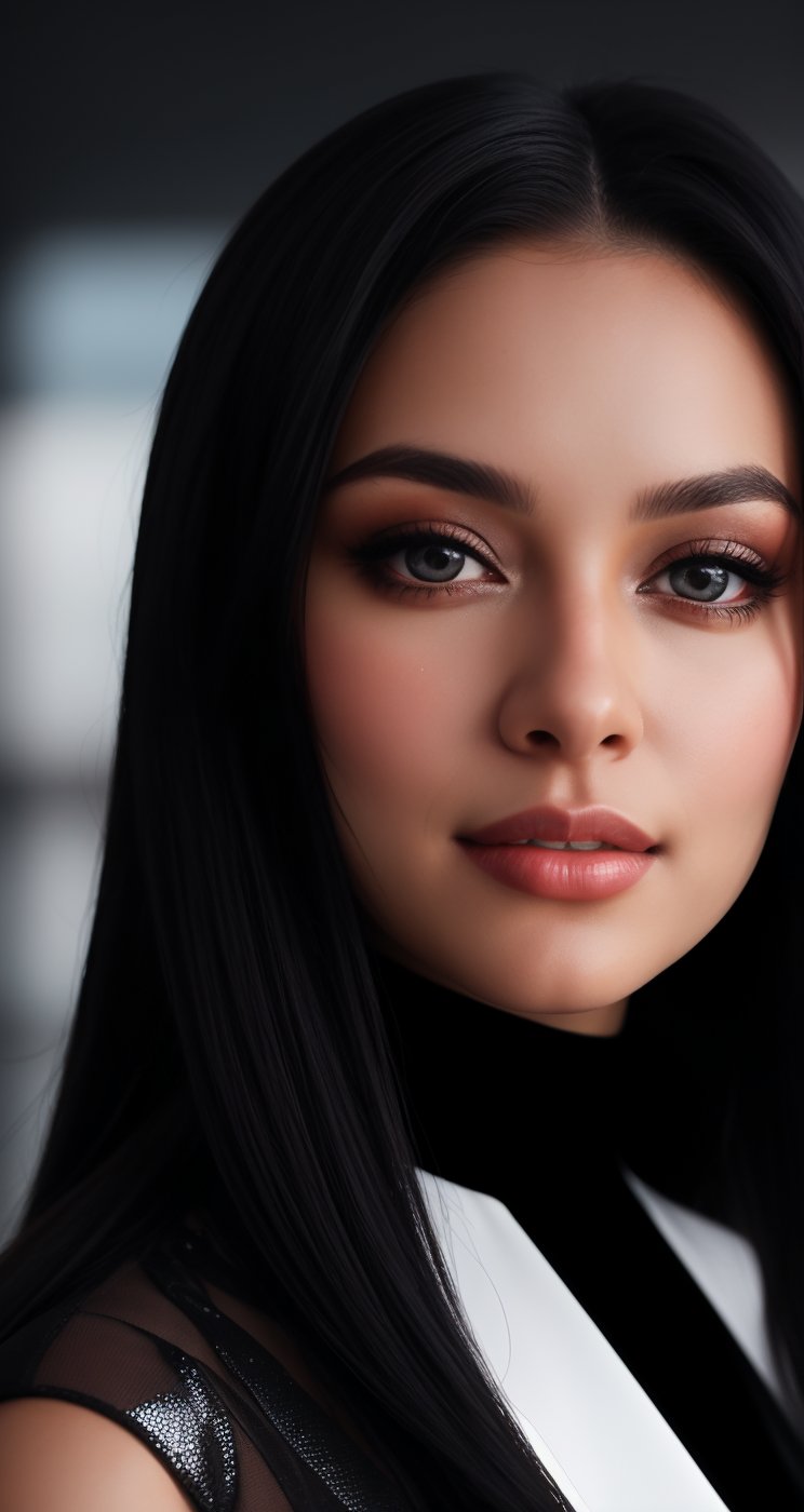 A stunning AI celebrity influencer posing in a black full dress against a vibrant, contrasting background, with long, black hair framing her pretty face and sparkling eyes. The camera captures her unique features up close, as if sharing a secret, with the Canon EOS camera's 8K sensor rendering every detail in breathtaking high resolution.