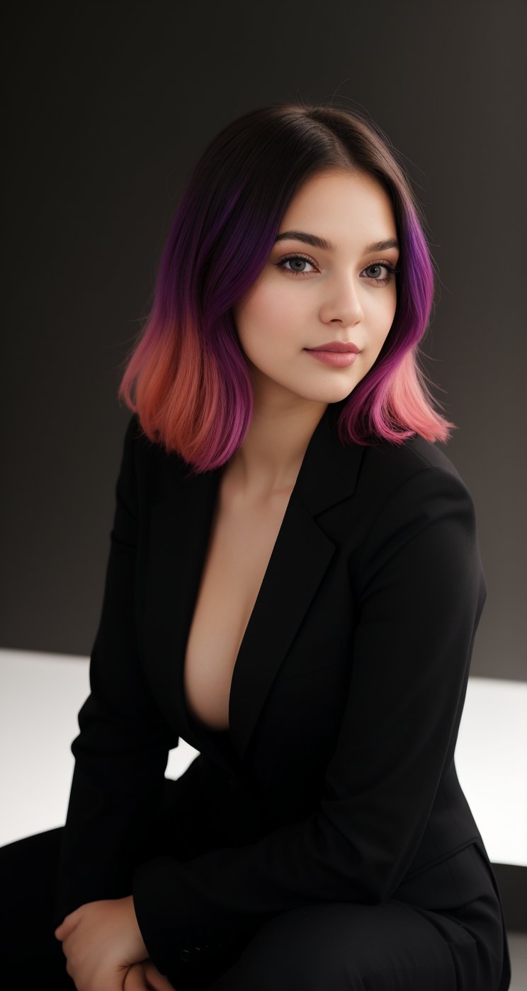 a beautiful girl wearing a black suit and giving a good pose and lighting background in studio and an ai inlfuencer and a colorful hair and pretty face and eyes pretty differnet pose