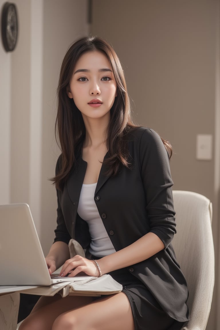 A girl sitting in the office and work on the laptop wearing a office dress and background office and looking to the camera 