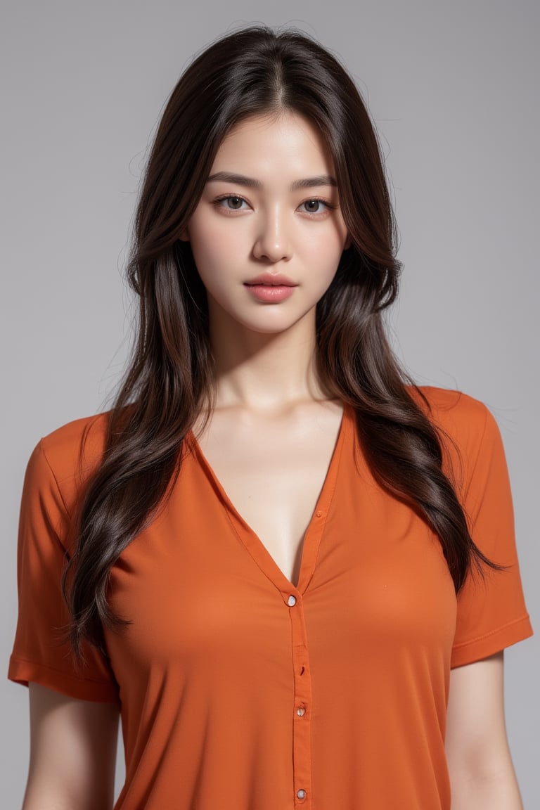 A girl wearing orange open shirt on underwear give a gorgious look to the camera