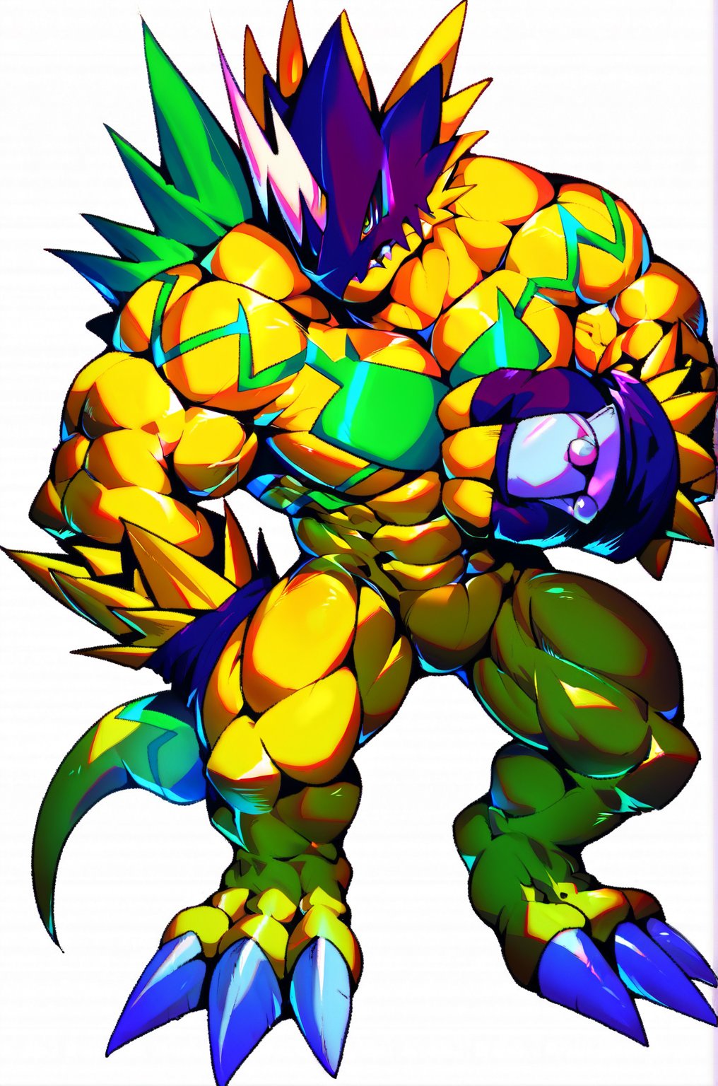 score_9, score_8_up, score_7_up, score_6_up, source_furry, solo, dof, white background,  Bulkmon, muscular, digimon (creature), sfw,((full body:1.3)),perfecteyes,((by kamyuelo:0.9)),one hand over his own chest