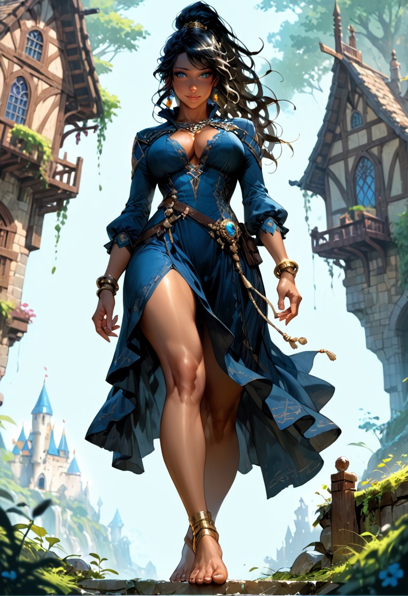 score_9, score_8_up, score_7_up, 2d, detailed background, fantasy background, outdoors, concept art, 1girl, solo, dark female, (dark skin:1.4), ruby earrings, ornately detailed royal dress, thick fabric, long sleeves, adventurer cape, blue dress, (gold ankle_bracelet:1.1), cleavage, curvy, big breasts, teardrop breasts, nipple_outlines, wide hips, black hair, long wavy hair, ponytail, large hair, (blue eyes:1.3), seductive eyes, light smile, shy, blush, natural lips, (knee_up:1.1), feet, (toenails:1.1), (foot focus:1.1), [exposed_pussy:0.3], outdoors, fantasy castle town, depth of field, (low angle:1.1)