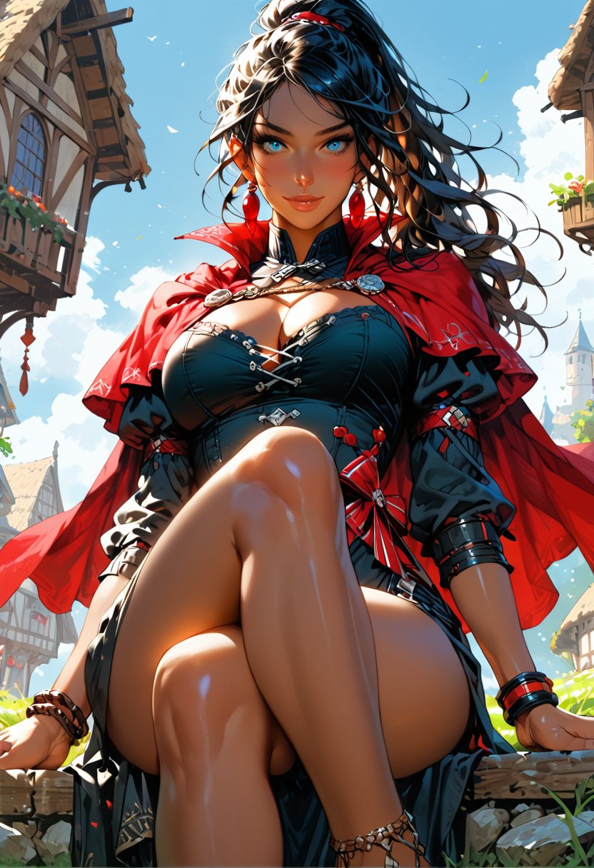 score_9, score_8_up, score_7_up, 2d, detailed background, medieval fantasy background, outdoors, concept art, 1girl, solo, (dark female:1.2), (dark skin:1.45), ruby earrings, ornately detailed royal dress, black dress, thigh slit, thick fabric, long sleeves, (crimson cape:1.3), (ankle_bracelet:1.1), cleavage, curvy, big breasts, teardrop breasts, (nipple_outlines:1.2), wide hips, thick thighs, black hair, long wavy hair, ponytail, large hair, (beautiful face:1.2), (blue eyes:1.3), seductive eyes, light smile, shy, blush, natural lips, crossed_legs_(sitting), (knee_up:1.1), (face focus:1.3), [panties:0.1], fantasy medieval town, depth of field, (low angle:1.1)