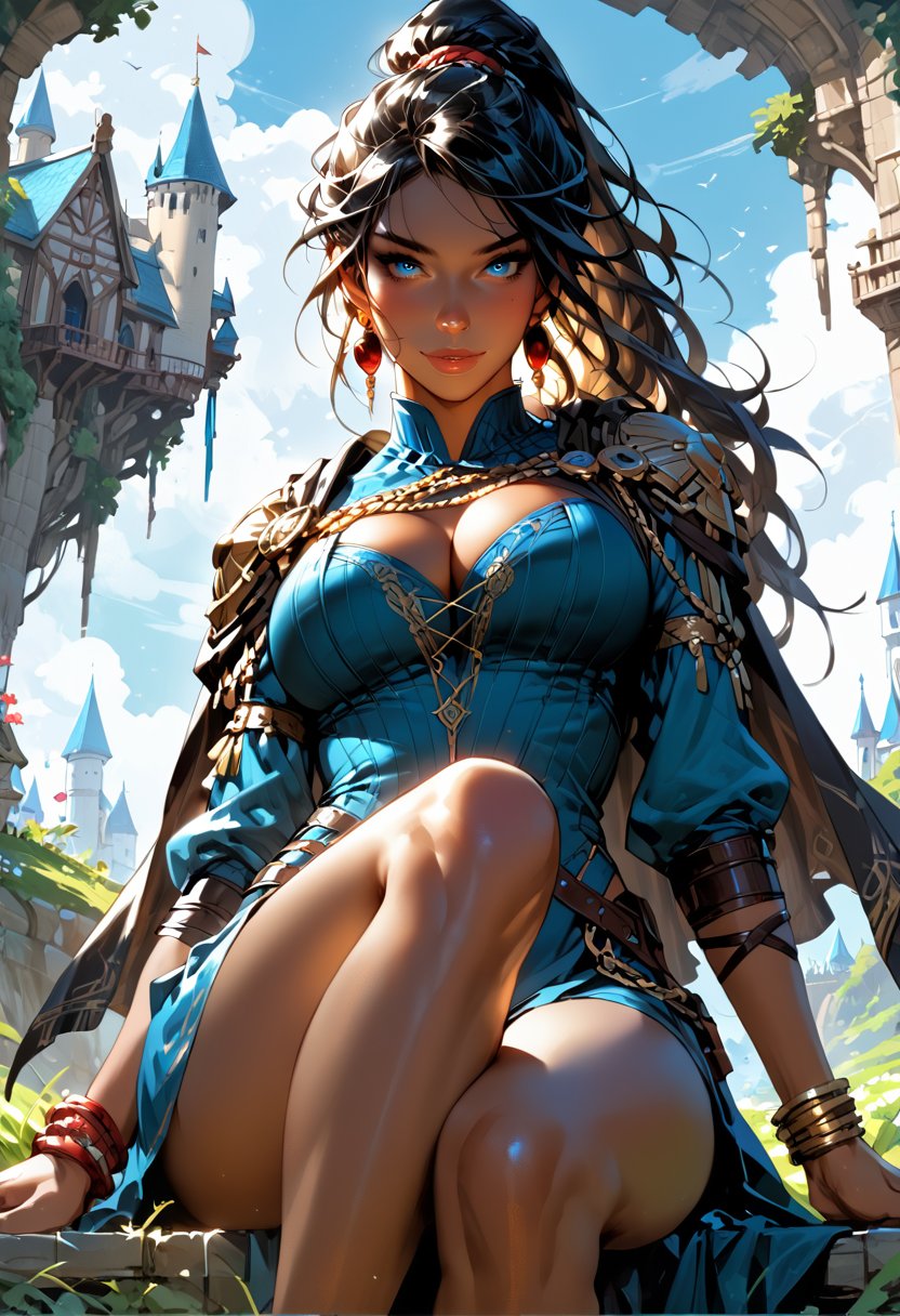 score_9, score_8_up, score_7_up, 2d, detailed background, fantasy background, outdoors, concept art, 1girl, solo, (dark female), (dark skin:1.45), ruby earrings, ornately detailed royal dress, slit dress, thick fabric, long sleeves, (adventurer cape:1.3), blue dress, (delicate golden chain ankle_bracelet:1.1), cleavage, curvy, big breasts, teardrop breasts, (nipple_outlines:1.2), wide hips, black hair, long wavy hair, ponytail, large hair, (beautiful face:1.2), (blue eyes:1.3), seductive eyes, light smile, shy, blush, natural lips, crossed_legs_(sitting), (knee_up:1.1), (face focus:1.3), [panties:0.1], outdoors, fantasy castle town, depth of field, (low angle:1.1)