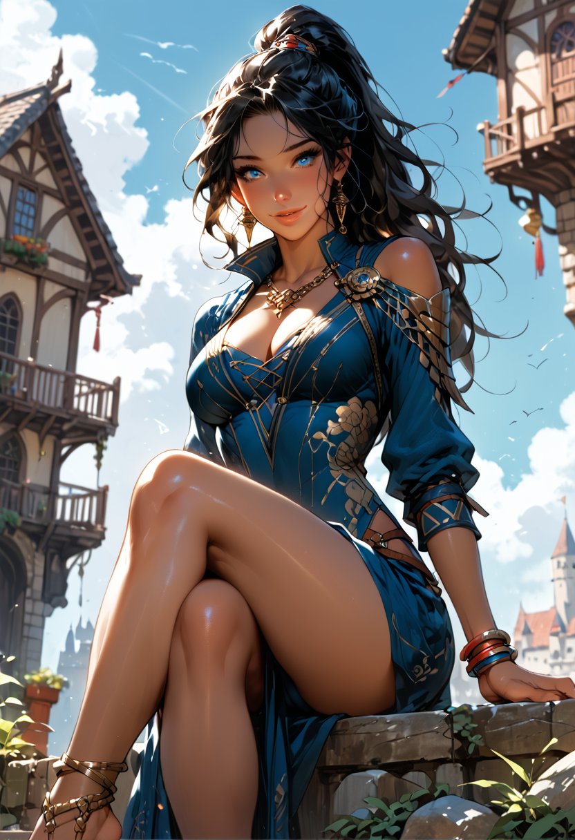 score_9, score_8_up, score_7_up, 2d, detailed background, fantasy background, outdoors, concept art, 1girl, solo, dark female, (dark skin:1.45), ruby earrings, ornately detailed royal dress, thick fabric, long sleeves, adventurer cape, blue dress, (delicate golden chain ankle_bracelet:1.1), cleavage, curvy, big breasts, teardrop breasts, (nipple_outlines:1.2), wide hips, black hair, long wavy hair, ponytail, large hair, (beautiful face:1.2), (blue eyes:1.3), seductive eyes, light smile, shy, blush, natural lips, crossed_legs_(sitting), (knee_up:1.1), feet, (toenails:1.1), (face focus:1.15), [cameltoe:0.1], outdoors, fantasy castle town, depth of field, (low angle:1.1)