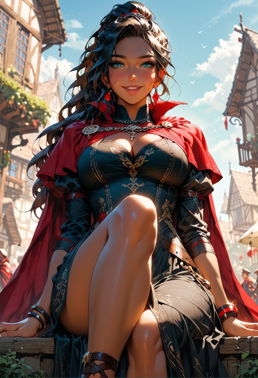 score_9, score_8_up, score_7_up, 2d, detailed background, medieval fantasy background, outdoors, concept art, 1girl, solo, (dark female:1.2), (dark skin:1.45), ruby earrings, ornately detailed royal dress, (long dress:1.3), black dress, thigh slit, thick fabric, long sleeves, (crimson cape:1.3), (ankle_bracelet:1.1), cleavage, curvy, big breasts, teardrop breasts, (nipple_outlines:1.2), wide hips, thick thighs, black hair, long wavy hair, ponytail, large hair, (beautiful face:1.2), (blue eyes:1.3), seductive eyes, light smile, shy, blush, natural lips, crossed_legs_(sitting), (knee_up:1.1), (face focus:1.3), [panties:0.1], fantasy medieval town, depth of field, (low angle:1.1), side angle