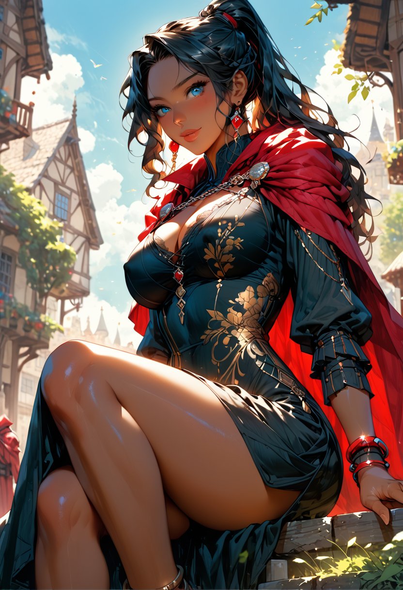 score_9, score_8_up, score_7_up, 2d, detailed background, medieval fantasy background, outdoors, concept art, 1girl, solo, (dark female:1.2), (dark skin:1.45), ruby earrings, ornately detailed royal dress, (long dress:1.3), black dress, thigh slit, thick fabric, long sleeves, (crimson cape:1.3), (ankle_bracelet:1.1), cleavage, curvy, big breasts, teardrop breasts, (nipple_outlines:1.2), wide hips, thick thighs, black hair, long wavy hair, ponytail, large hair, (beautiful face:1.2), (blue eyes:1.3), seductive eyes, light smile, shy, blush, natural lips, crossed_legs_(sitting), (knee_up:1.1), (face focus:1.3), [panties:0.1], fantasy medieval town, depth of field, (low angle:1.1), side angle