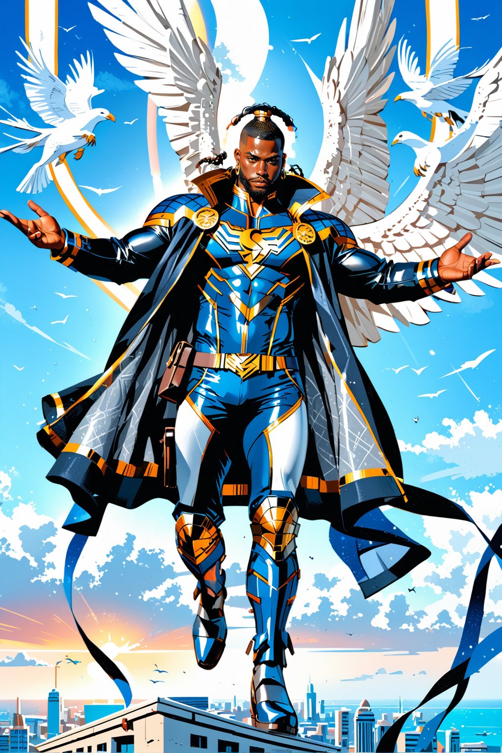 African superhero Gerard Lansdale spreads his wings, soaring through a radiant cityscape ablaze at sunset. His jacket flows like a banner behind him as he defies gravity, dominating the metropolitan maze below. The Mighty Lansdales emblazoned across the top in bold comic book script, framing Gerard's powerful figure amidst a sea of towering skyscrapers and bustling streets bathed in warm golden light. wearing futuristic urban attire. shaved head