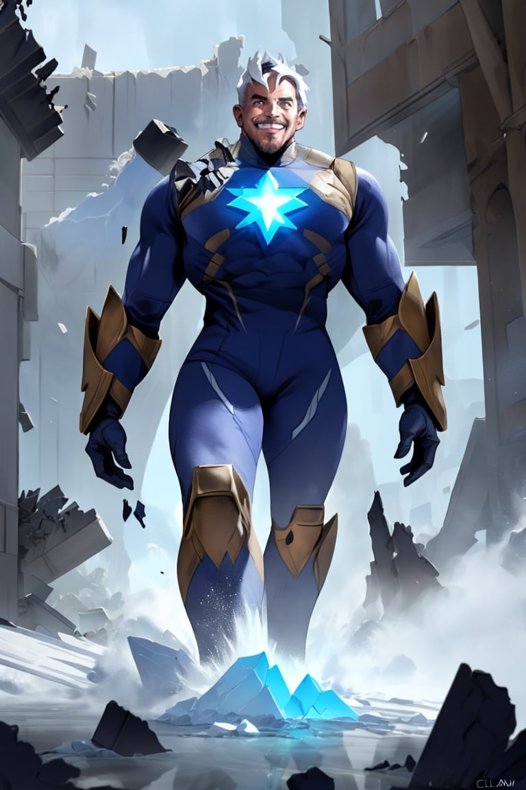 A towering figure, approximately 5-7 feet tall, clad in gleaming white futuristic armor with striking powder-blue accents, beams with an ear-to-ear grin. Against a ravaged backdrop, this mighty superhero radiates unparalleled energy and light, his very presence seeming to hold the fragments of destruction at bay.