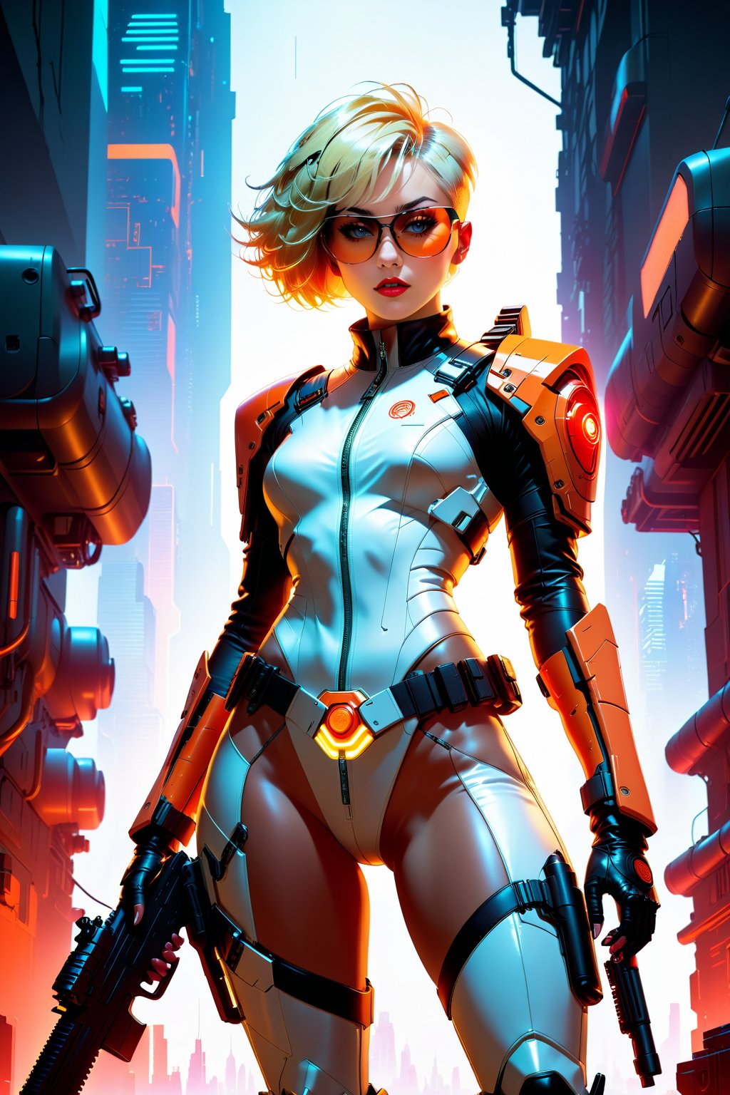 Miss Lead, the assassin, poses confidently in a full-body shot. She gazes directly at the viewer with her mouth slightly opened, hinting at a sly smirk. Her short hair is styled with black and blonde highlights and sides shaved, and her facial features are illuminated by a soft glow. A orange futuristic body suit covers her athletic physique, adorned with shades of yellow accents that match the white jacket. The jacket's multiple zippers and straps add to its sleek design. In each hand, she grasps futuristic guns with glowing white enchantments etched onto their surfaces. Two small cyber guns are strapped to her thighs, while knives protrude from the heels of her dark orange boots featuring white accents. On her back, a large power gun is secured, and the barrels of the handheld weapons glow with neon red light. background dark city landscape