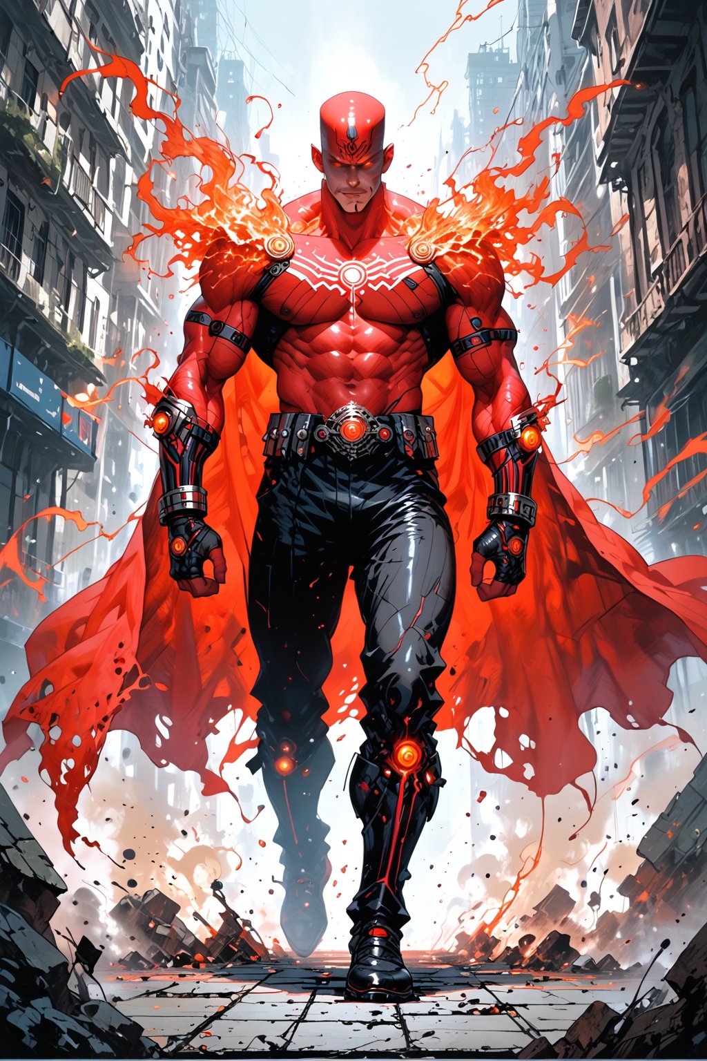 In a dimly lit, urban landscape, a full body shot of a powerful black male figure emerges. The subject wears a full-body skin tight black battle suit adorned with crimson glowing lines, accentuating their physique. Orange glowing eyes pierce through the darkness, radiating intensity. A flowing red cape billows behind them, as if driven by an unseen force. Dark-skinned and imposing, they embody the essence of Nyantcha style, Arbiterman's masterpiece, while LiLBabyR7der's brushstrokes bring forth a sense of dynamic energy.,LiLBabyR7der