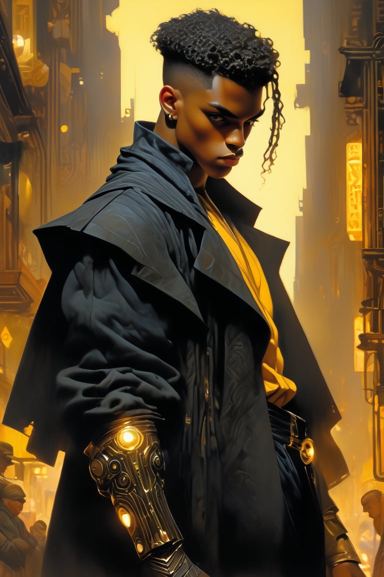 art by J.C. Leyendecker, a masterpiece,, hyper-realistic oil painting, vibrant colors, dark chiar ((Full_ body shot))  score_9, score_8_up, score_7_up, ascuro lighting, 8, ,digital artwork by Beksinski, ((Full_body shot)) Against a misty cityscape at dusk, a suave young black man, approximately 19 years old, stands confidently and strong on the street. His sleek, futuristic super-hero full body out-fit and dark black jeans accentuate his urban charm. Power radiates from his features as glowing yellow energy around him like aura, casting a cool glow on his frame. low buzz cut close to head for black male. futuristic shoes complete the futuristic ensemble. BBM