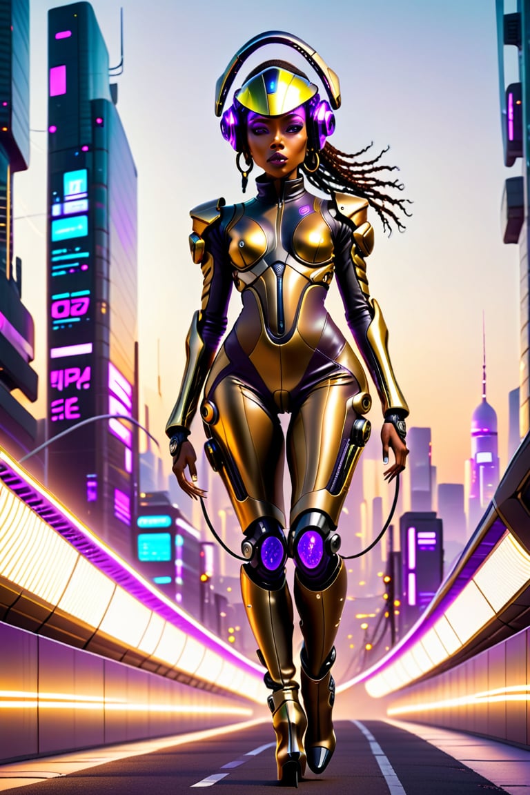 Against a clear futuristic cityscape at dusk, a Sexy black woman, approximately 31 years old, stands confidently and sultry on a run-way with lights on it. Her sleek, futuristic helmet and cyber mech suit and dark purple glowing light system and gold accentuate her urban charm. Power radiates from her features as light energy pulses through, casting a hot glow on her nice seductive frame. long flowing straight pony-tail, black and brown hair sticks out of the back of the head gear from her head for feminine style. futuristic high heels boots aglow complete the futuristic ensemble. Glowing purple eye visor,cyberpunk