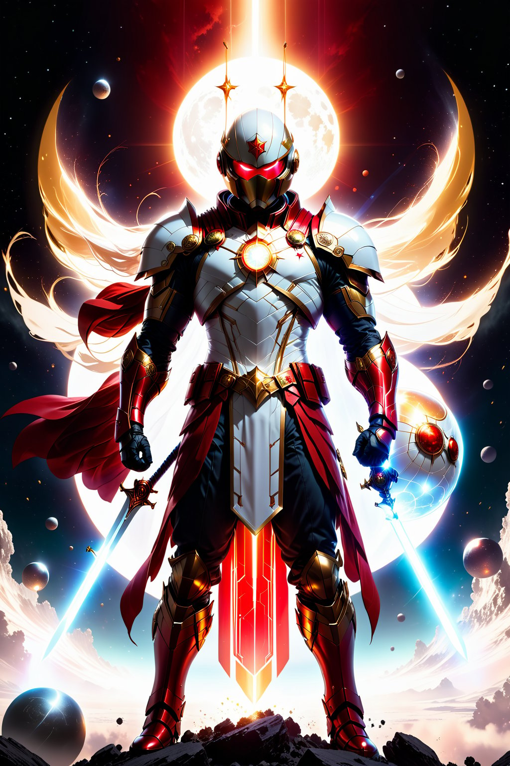 A dramatic full-body shot captures super-hero standing at 6' tall, clad in a sleek form fitting futuristic battle suite blending red, gold, and white hues. He holds two radiant orbs of energy that pulse with energy, light, and electricity, as if channeling the power of the moon. The camera frames him amidst a dark, explosive space backdrop, where eerily glowing orbs of light to match the swords' luminescence. stars in back drop