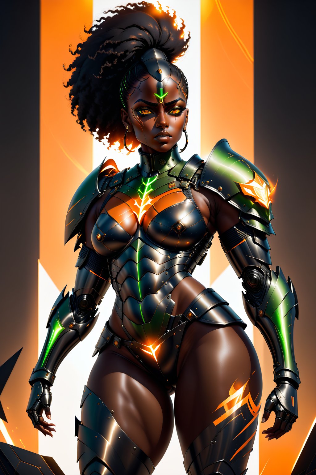 A powerful black female stands sexy, her full-bodied figure radiating confidence. Her rich, dark brown skin glistens under the warm light of a beautiful backdrop, where black and orange battle shoulder pads seem toreflict the scene around her. Orange glowing lines etch across her military armor, pulsing with an otherworldly energy. Her piercing green eyes burn with seduction,  Woman-power, black woman,full body