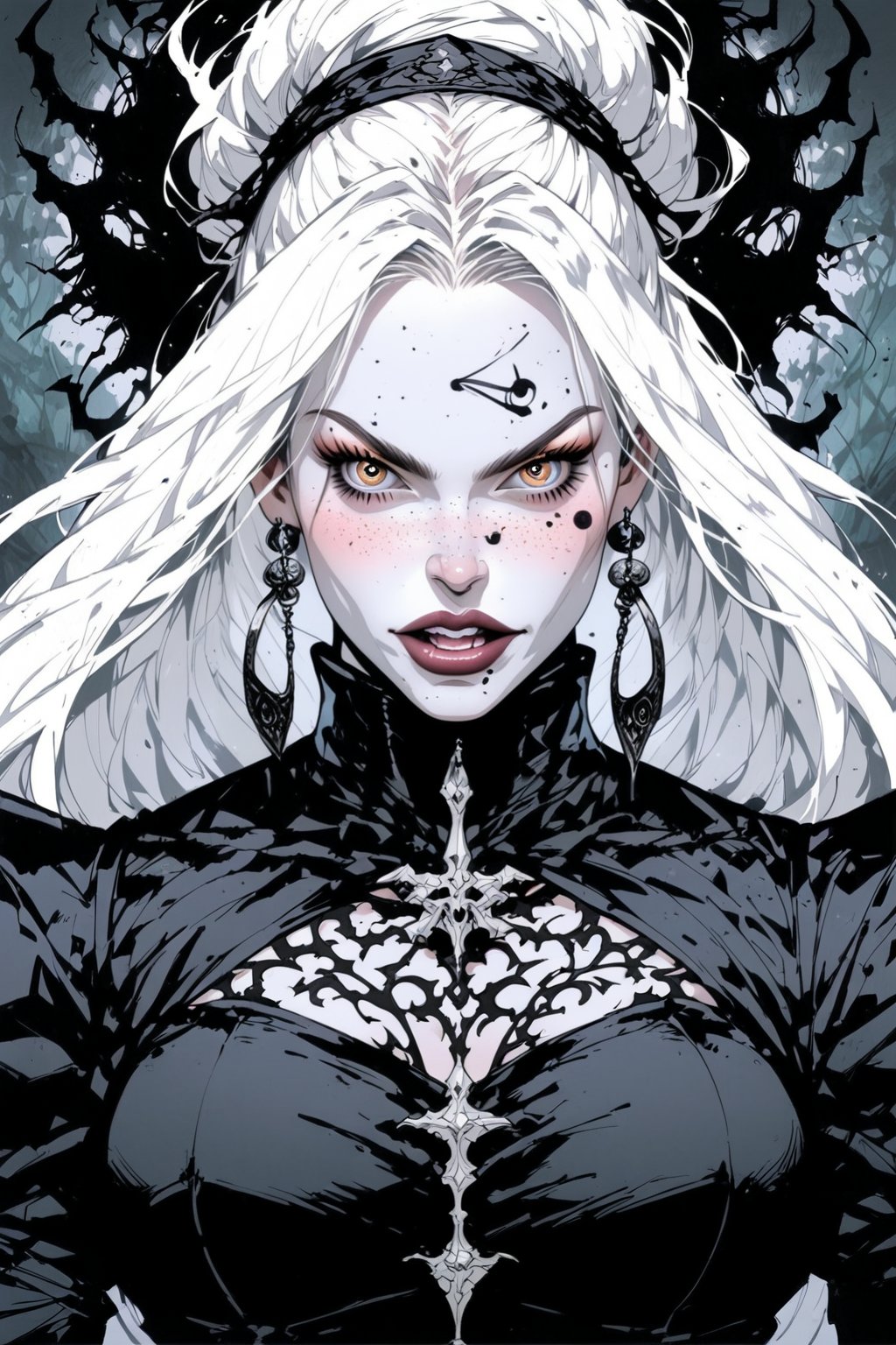 A female creature of the night looms sexy in the shadows, Her pale pink and white skin frame with an air of malevolent intent. The camera captures her in a full-body shot , the evil woman like creature haunting yellow eyes gaze piercing through the forest darkness.Very long white hair, black lips.Claws sharp finger-nails. Her very presence seems to exude an dark evil aura, radiating an aura.wearing a black and orange sleek dress,Fantasy Add more detail,hunger,newhorrorfantasy_style, pail  white skin, black lipstick, score-9 