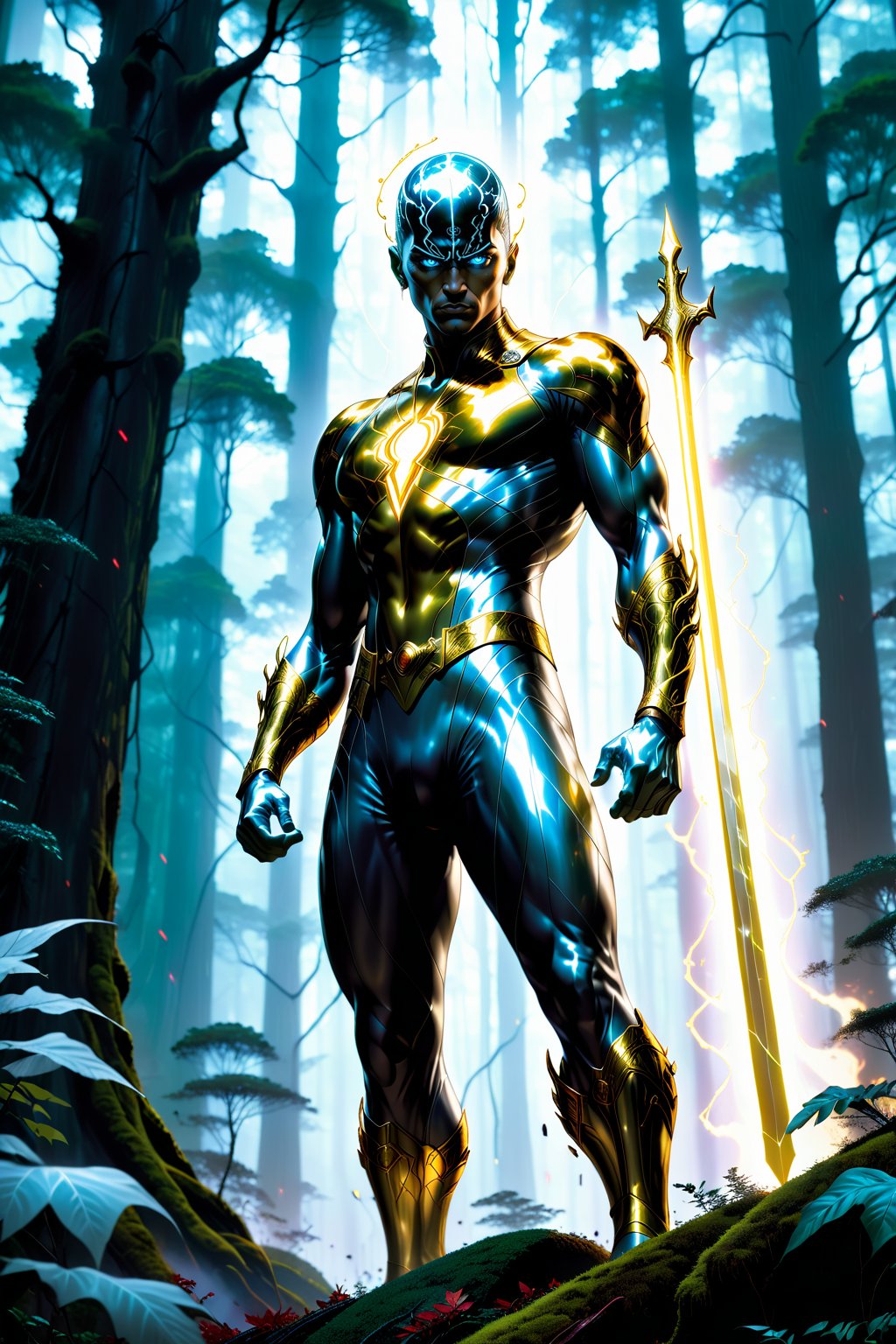 A dramatic full-body shot captures silver surfer Man standing at 6' tall, clad in a sleek form fitting futuristic battle suite blending black, gold, and white hues. He holds two radiant swords that pulse with energy, light, and electricity, as if channeling the power of the forest. The camera frames him amidst a dark, misty forest backdrop, where blood-soaked tree trunks eerily glow to match the swords' luminescence. fire in back drop