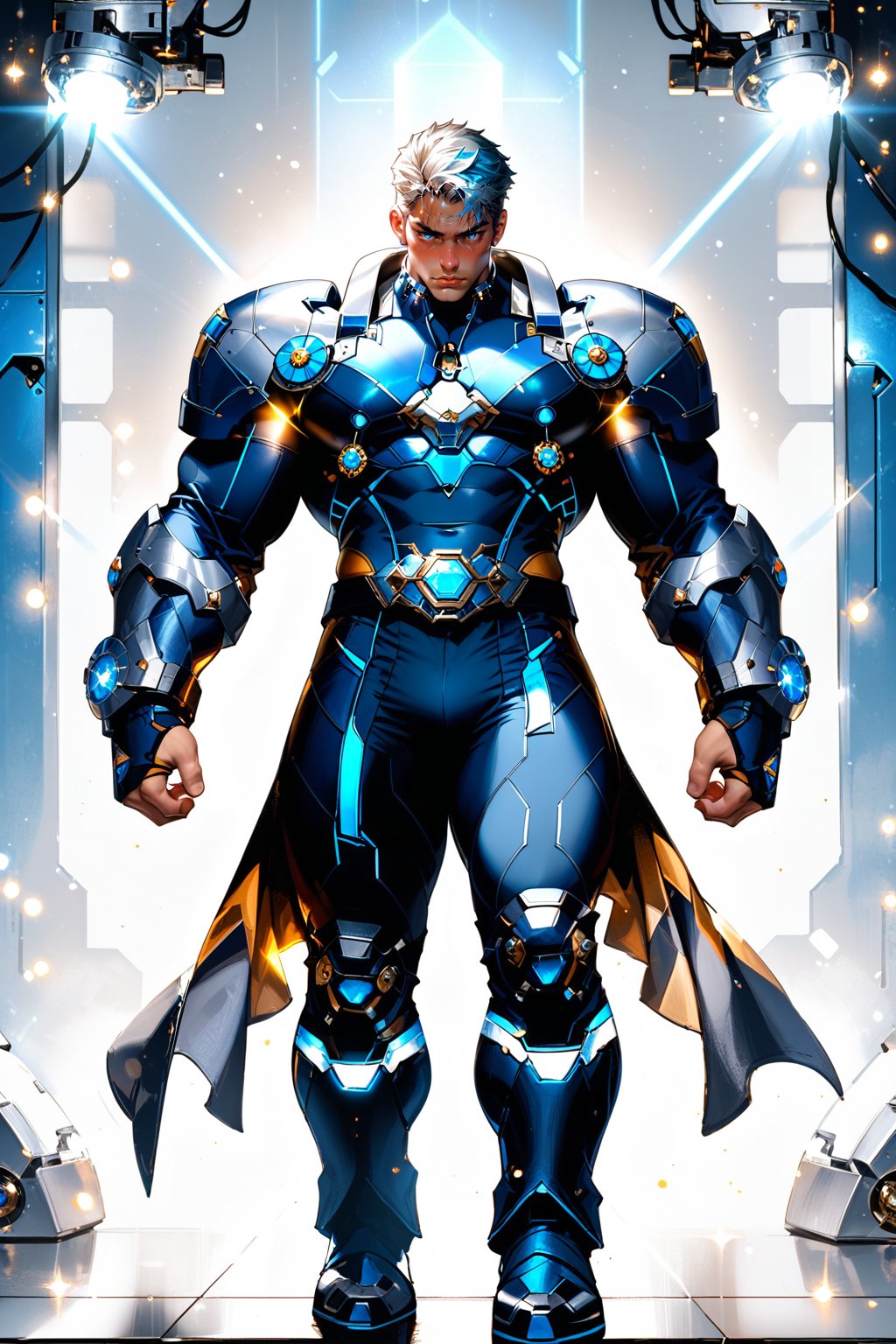 A stunning masterpiece! Here's the prompt:

A full-body shot of a powerful Black male figure stands tall in a dark blue sleek power suit, illuminated by bright glowing white lights that seem to emanate from within its seams. He holds one hand up, as if harnessing the energy to control a bladed disc hovering above it, his gaze intense and focused. The suit's contours accentuate his physique, while the subtle lighting highlights his confidence and authority. Score: 9/10, with room for minor adjustments to achieve a perfect 10.