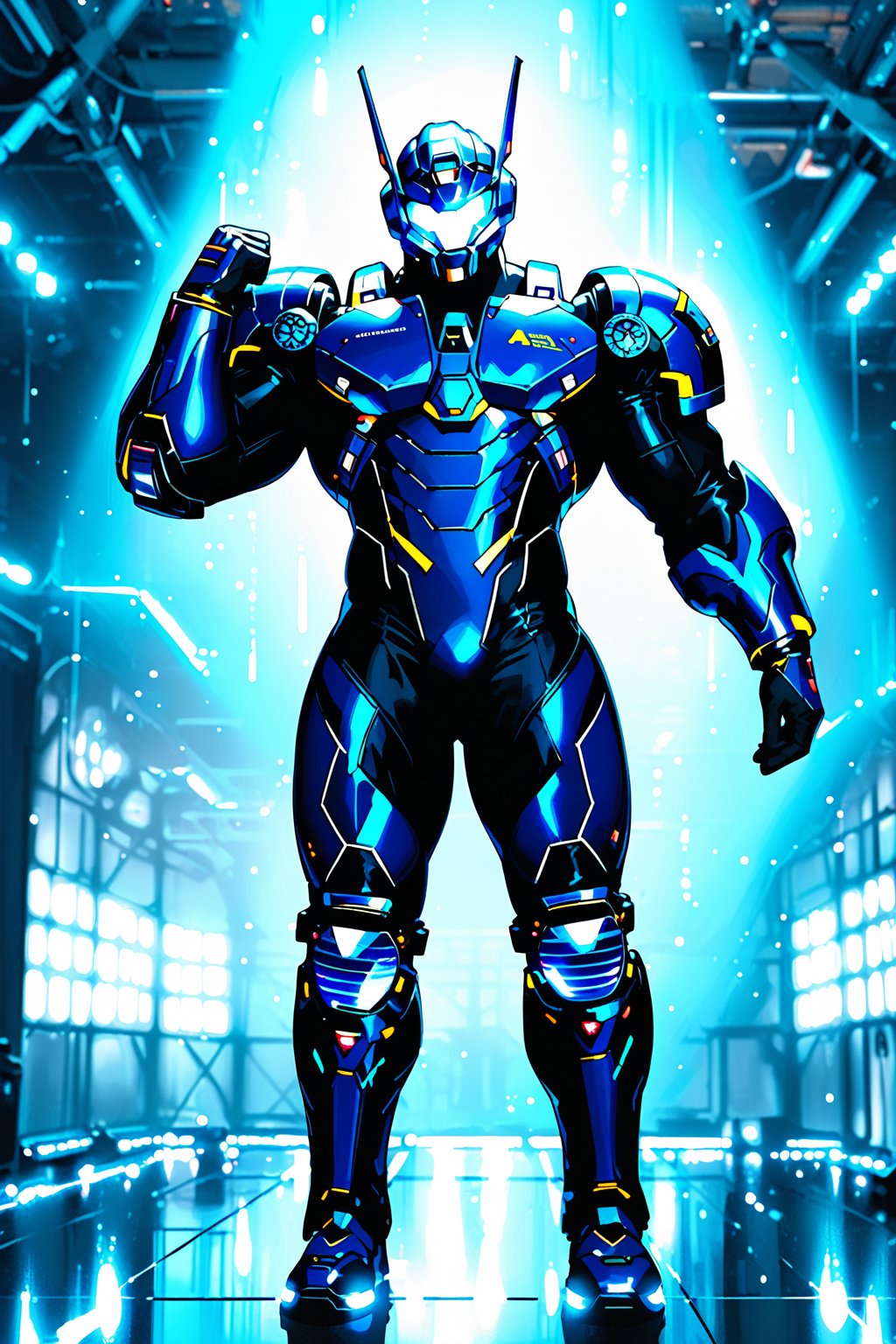 A stunning masterpiece! Here's the prompt:

A full-body shot of a powerful Black male figure stands tall in a dark blue sleek power suit, illuminated by bright glowing white lights that seem to emanate from within its seams. He holds one hand up, as if harnessing the energy to control a bladed disc hovering above it, his gaze intense and focused. The suit's contours accentuate his physique, while the subtle lighting highlights his confidence and authority. Score: 9/10, with room for minor adjustments to achieve a perfect 10.