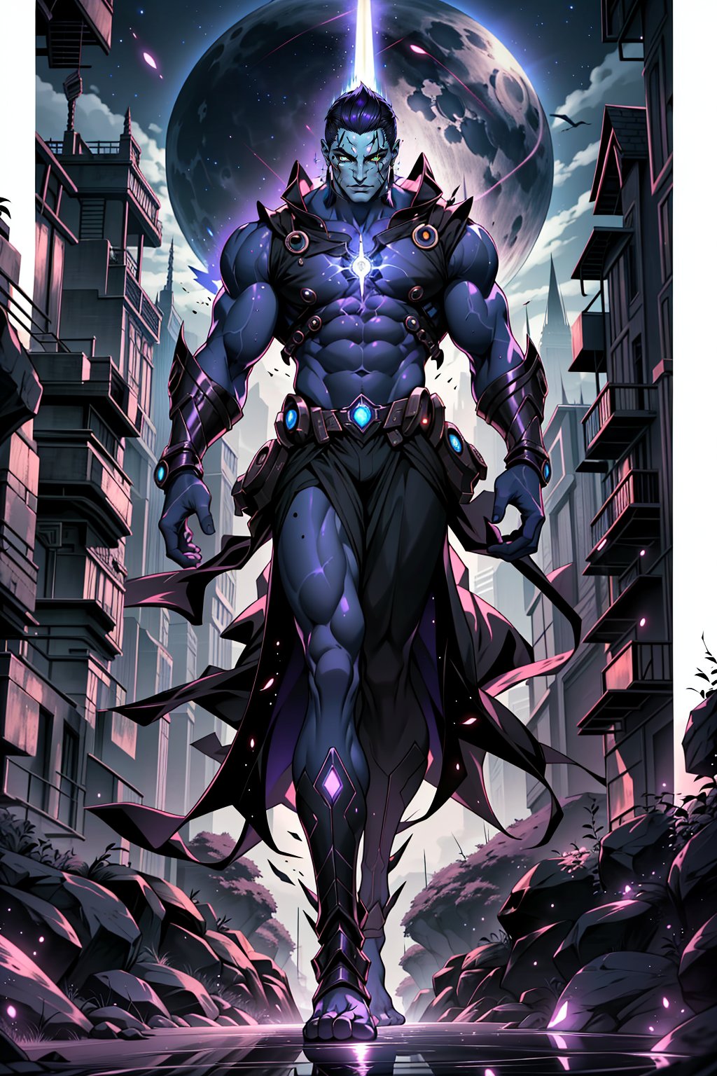 full-body shot of an extraterrestrial warrior floating above a sprawling alien landscape. The subject's gray skin and bald head glistens under the eerie violet glow emanating from his eyes. His muscular physique is accentuated by the tight custom attire, with dark maroon, purple and blue-chrome hues that seem to shimmer in harmony with the atmospheric energy. In his left hand, he holds an orb of power, its luminescence casting an otherworldly glow on the surrounding terrain. The chest shield's metallic sheen catches the light, as if infused with the same energy as the warrior's eyes. No shoes adorn his feet, allowing him to hover effortlessly above the massive, ancient alien structure that rises from the ground like a monolith.