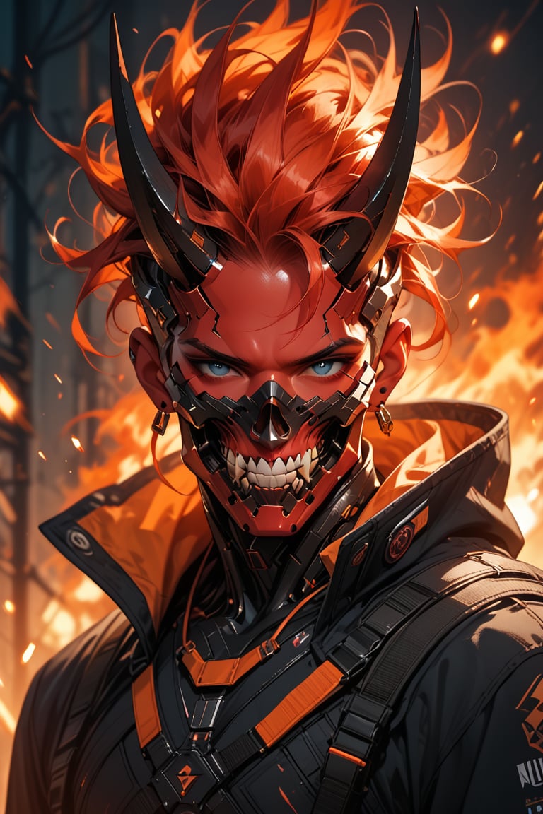 full-body shot (score_9, score_8_up), score_7_up, 1 red skinned man, black half mask covering mouth, industrial theme, wearing a White and Orange futuristic battle suit, spikes, teeth, solo, cyberpunk, ivory horns on head, fire hair glowing, floating hair up, skull, shiny, cowl on fire attached to black royal cape,
Depth of field, blurring background, cinematic lighting show casing fit body
