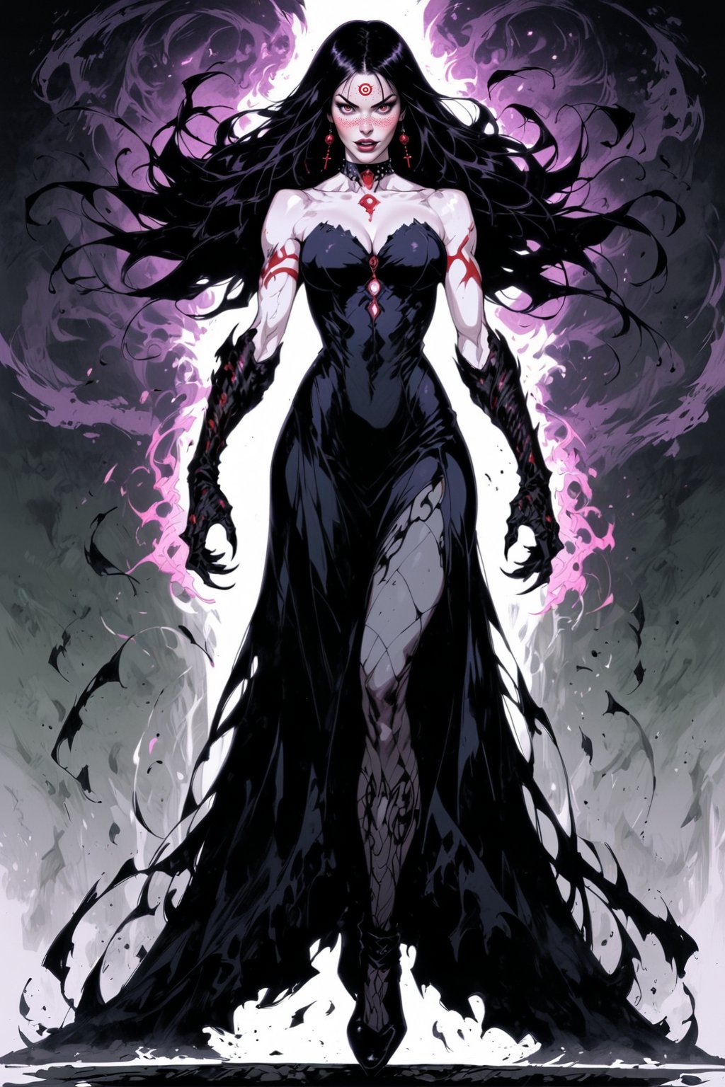 full_body shot of a female creature of the night looms sexy in the shadows, Her pale pink and white skin sets an air of malevolent intent. The camera captures her in a full-body shot , the evil woman like creature haunting yellow eyes gaze piercing through the forest darkness, as if directly addressing the viewer. Jet blak hair, Claws sharp finger-nails. black lip-stick. Her very presence seems to exude an dark evil aura, radiating an aura.wearing a ((purple and red sleek dress,))Fantasy Add more detail,hunger,newhorrorfantasy_style, pail  white skin, score-9 ((full_body shot)) black lips